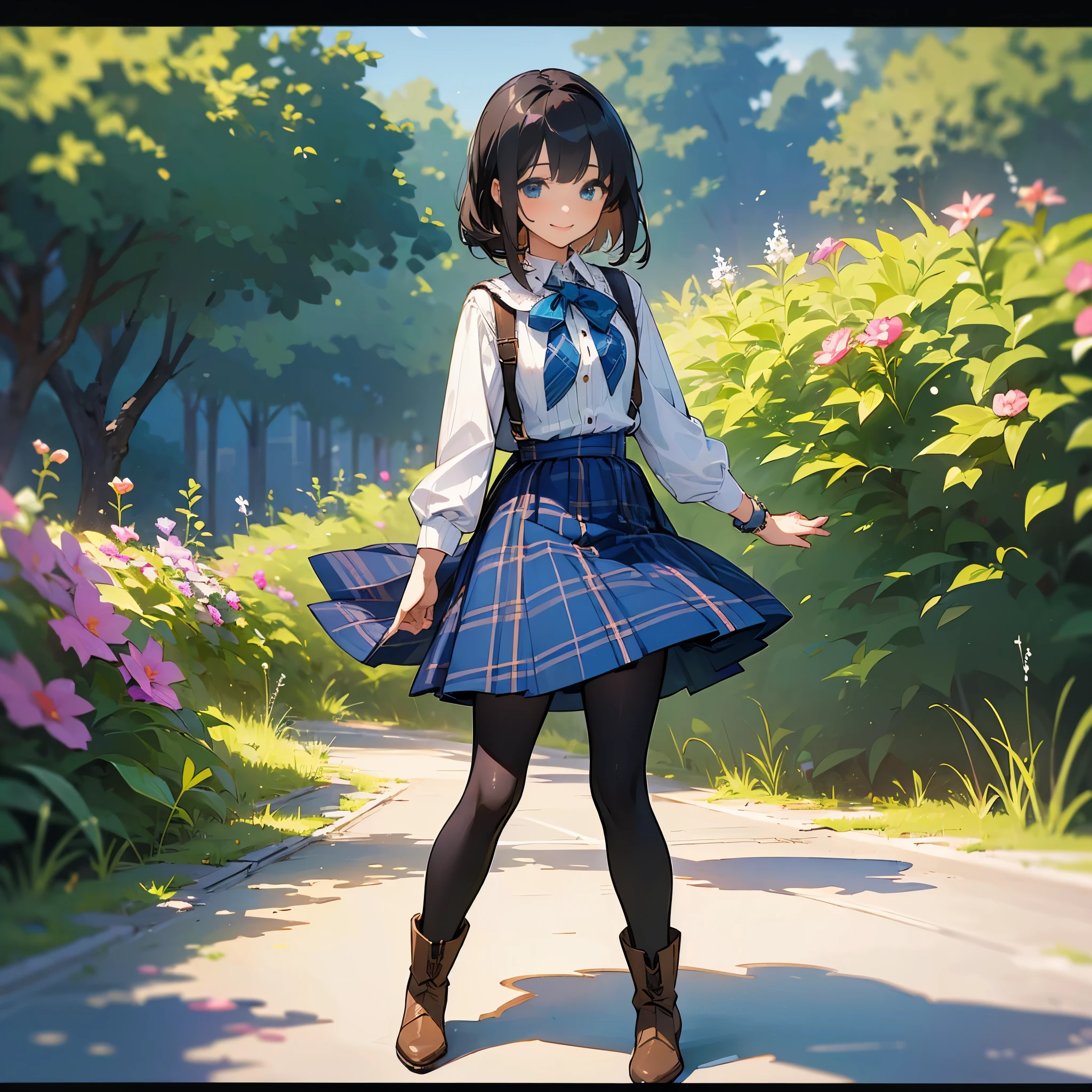 (high quality, high resolution, Super detailed, Reality:1.37), peaceful atmosphere, (outdoor, garden), teenage girl standing alone, (big chest.), beautiful detailed features, cute smile, (black bob hair), ribbed sweater, blue plaid skirt, black tights, brown boots.