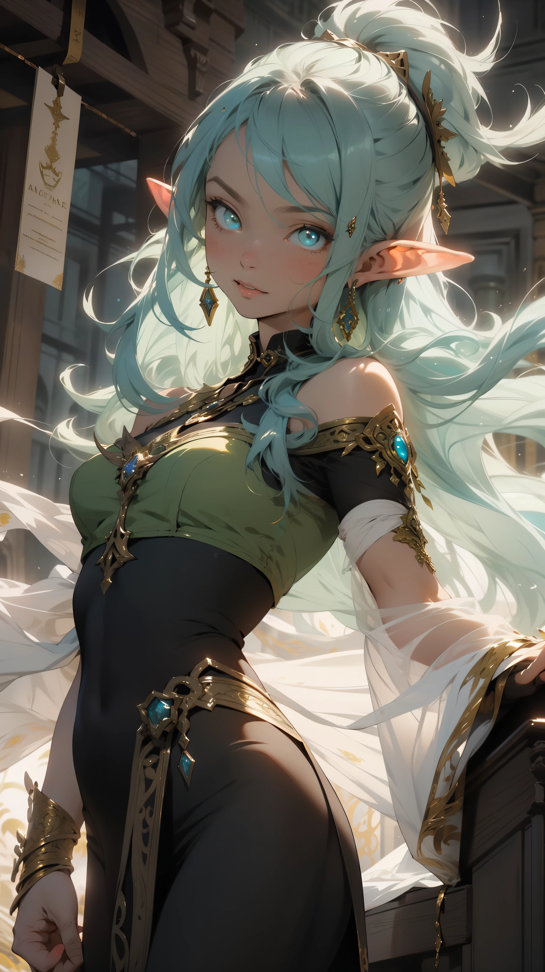 Realistic, mesmerizing masterpiece featuring top-quality artistry. Unparalleled in detail, this artwork showcases the epitome of craftsmanship and skill. The focal point is a captivating elf girl with enchanting, glowing eyes that radiate mystery and magic. The composition emphasizes a 1.3 ratio, accentuating the delicate features and ethereal beauty of the subject. Adorned with gold ornaments, the elf girl possesses an otherworldly charm, enhanced by her distinctive elf ears. The artist has skillfully crafted a handsome woman, bringing forth a sense of enchantment that transcends the boundaries of fantasy. This piece stands as the pinnacle of official art, a true testament to the artist's talent and dedication to perfection
