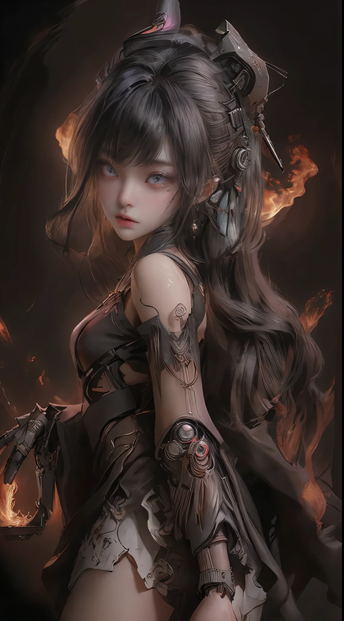 Mechanical doll magical girl, female, 14 years old, thick bangs, beautiful long black hair curled vertically and heavily disheveled in the wind, slit eyes, very large crescent-shaped eyes, very large dark gray eyes shining like jewels, long eyelashes, very thin little nose, very small mouth, very thin upper lip, light colored natural makeup, very slender and attractive body, (complex mechanical steampunk headgear, black lace flared skirt, complex mechanical overdecorated gothic lolita fashion combined with steampunk fashion), upturned small beautiful breasts, (exploding flames in the background). (complex mechanic factory, lots of gears, lots of piping, lightning filled space sky), create highly detailed and realistic images, (super detailed background), (dark mysterious: 1. 2), UHD, retina, masterpiece, anatomically correct, skin texture, super detailed, highly detailed, high quality, award winning, top quality, 16K,