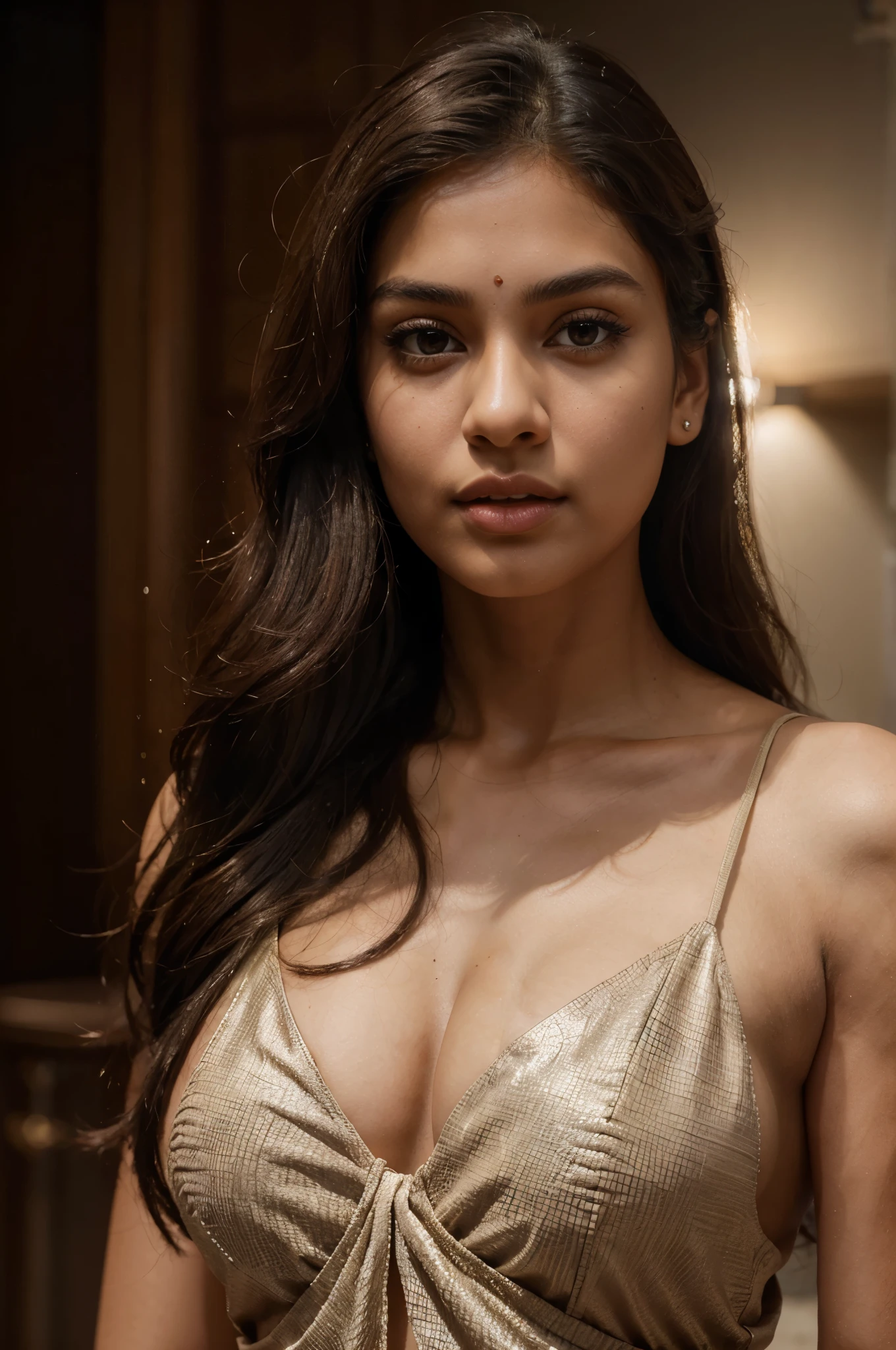 A young indian woman aged 23, masterpiece, high quality, ultra realistic, body measurements-33:27:36, absolutely stunning, beautiful detailed portrait, light brown skin color, brown eyes,brown wavy hair till waist, oval shaped face, pointed chin, 8k, heart shaped lips, thin pointed eyebrows, sharp neckline, closed mouth, consistent,height-5'3, weight-45 kg, small monolid eyes, exact fingers, human, highly rendered,8k,raw,full shot, front pose,closed mouth, realistic, pointed ear shape, straight snub nose, clear face, hyper realistic,black dress, lighting, sharp details,consistent face and body