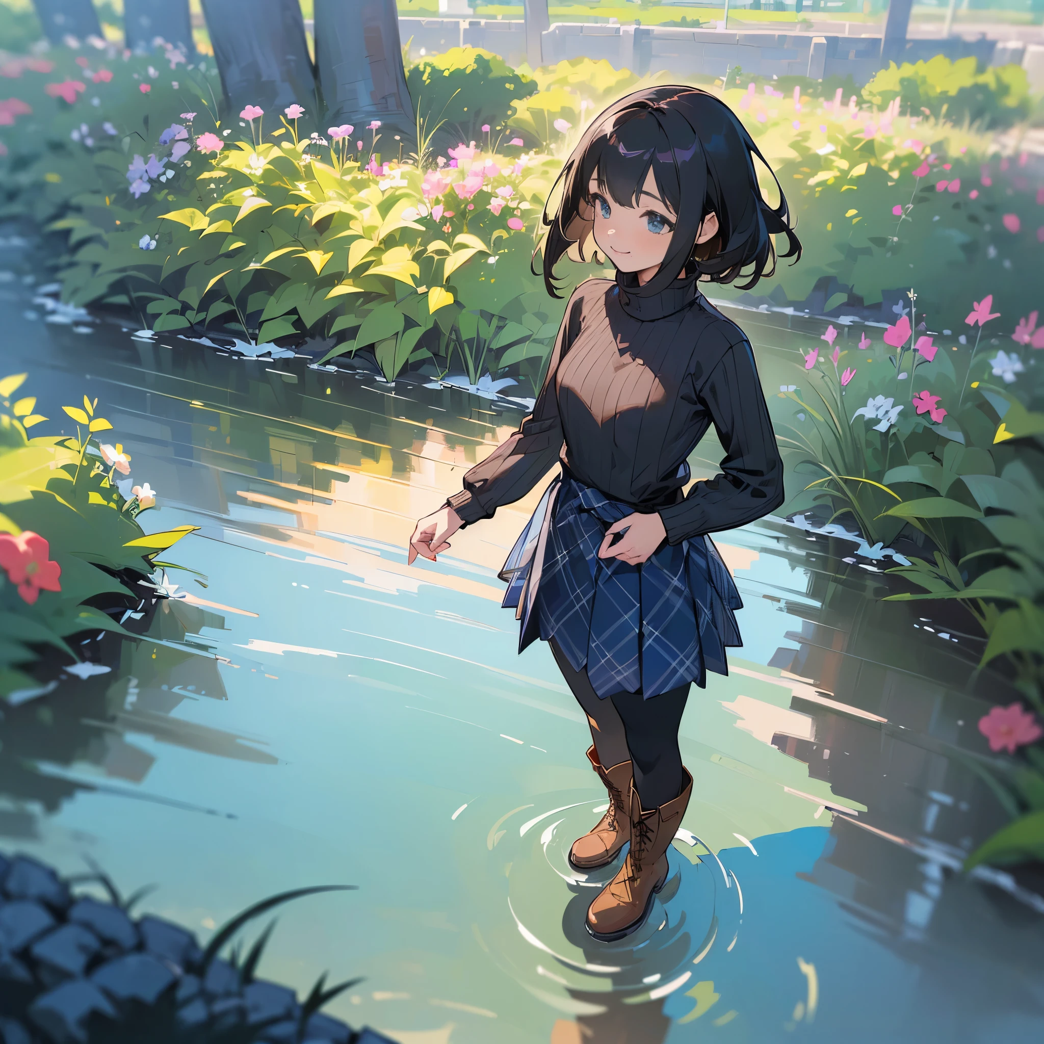 (high quality, high resolution, Super detailed, Reality:1.37), peaceful atmosphere, (outdoor, garden), age girl standing alone, (big chest.), beautiful detailed features, cute smile, (black bob hair), ribbed sweater, blue plaid skirt, black tights, brown boots.