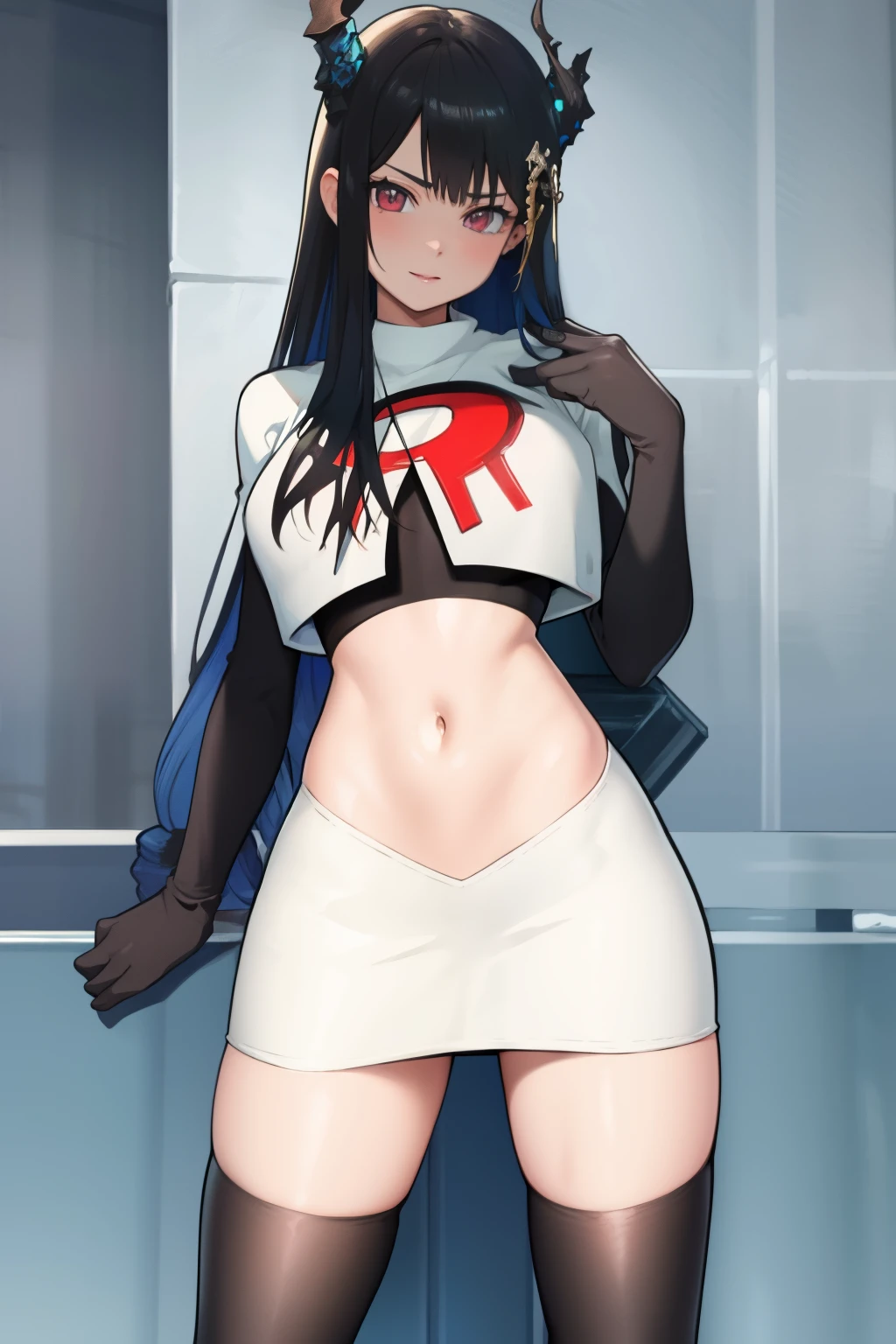 (official art),
1girl, solo, standing, cowboy shot, looking at viewer, 
(asymmetrical horns), horns, demon horns, red eyes, slit pupils, mole under eye, black hair, blue hair, two-tone hair, long hair, [hair ornament], large breasts, wide hips,
team rocket,team rocket uniform, red letter R, white skirt,white crop top,black thigh-highs,black elbow gloves