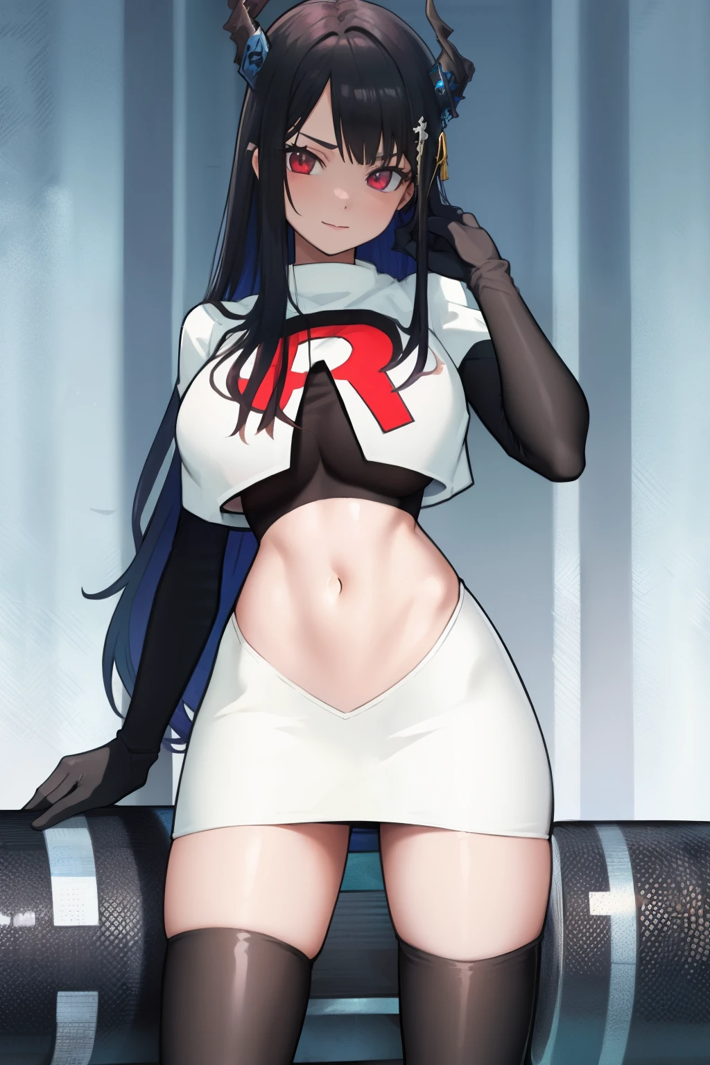 (official art),
1girl, solo, standing, cowboy shot, looking at viewer, 
(asymmetrical horns), horns, demon horns, red eyes, slit pupils, mole under eye, black hair, blue hair, two-tone hair, long hair, [hair ornament], large breasts, wide hips,
team rocket,team rocket uniform, red letter R, white skirt,white crop top,black thigh-highs,black elbow gloves