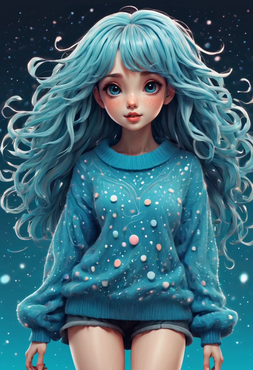 (best quality, highres, ultra sharp), (magical cute girl:1.2). Standing, (Full body:1.1) view, (long legs:1.1). magical style, standing, long neck, large head, (exaggerated hair:1.1), (fluffy hair:1.1), (expanded hair:1.2), small freckles, exaggerated expression, surreal, duck egg blue sweater with small dots, details, horsehair, fluffy, socks, magic background, hand-drawn style,pencil drawing,cute, flowing lines, clean and crisp outlines, clean composition, zentangle hair style, art deco, zentangle, 3d crunch, cinematic,