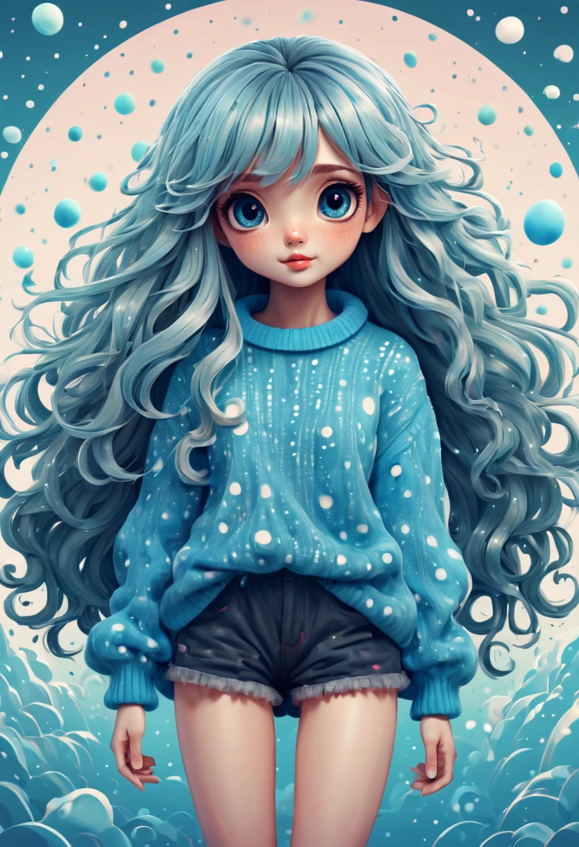 (best quality, highres, ultra sharp), (magical cute girl:1.2). Standing, (Full body:1.1) view, (long legs:1.1). magical style, standing, long neck, large head, (exaggerated hair:1.1), (fluffy hair:1.1), (expanded hair:1.2), small freckles, exaggerated expression, surreal, duck egg blue sweater with small dots, details, horsehair, fluffy, socks, magic background, hand-drawn style,pencil drawing,cute, flowing lines, clean and crisp outlines, clean composition, zentangle hair style, art deco, zentangle, 3d crunch, cinematic,