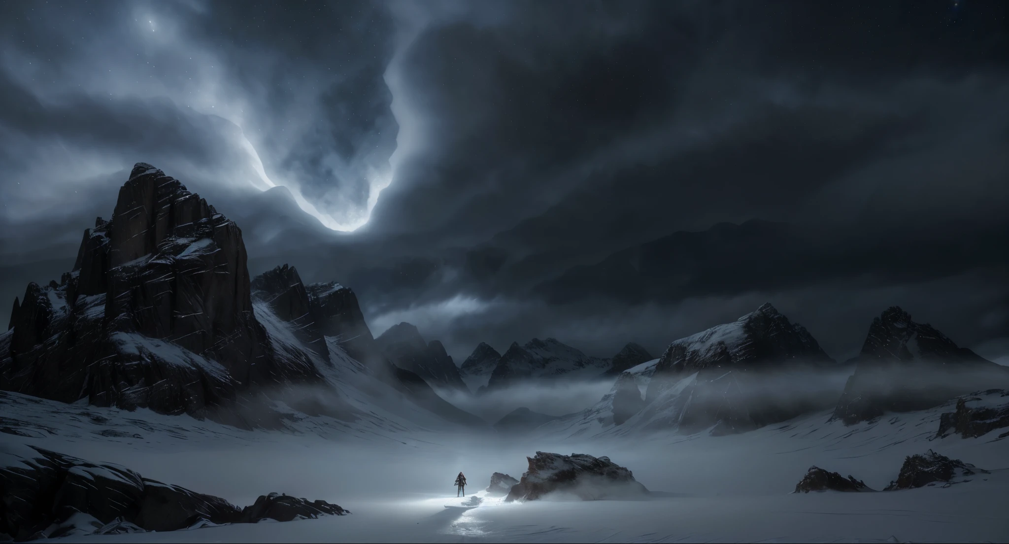 (best quality,4k,highres,masterpiece:1.2),ultra-detailed,(realistic,photorealistic,photo-realistic:1.37),mountains,night,blizzard,strong squall wind,flash of lightning,[ugly] [ogre],dark silhouette,menacing glare,sharp teeth,monstrous size,ferocious presence,ominous atmosphere,frozen landscape,majestic peaks,icy gusts,icy particles dancing in the air,cold breath visible,roaring wind,howling gusts,snow-covered rocks,snowflakes swirling,blinding snowfall,starry sky,moonlight casting eerie glow,icy caverns,huge icicles,rugged terrain,misty fog,treacherous path,isolated location,ominous clouds gathering,sense of impending danger,thrilling suspense,enigmatic figure shrouded in darkness