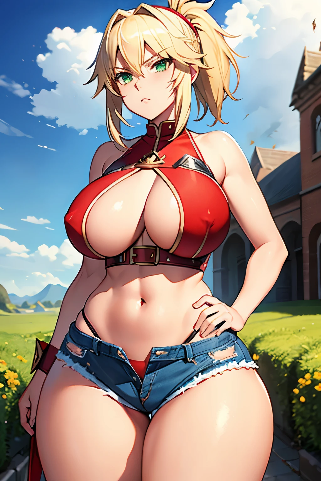 Mordred, Fate Apocrypha, beautiful face, Blonde hair, short hair, red headband, pony tail, green eyes, tall, massive breast, huge massive ass, wide hips, small waist, short denim shorts,