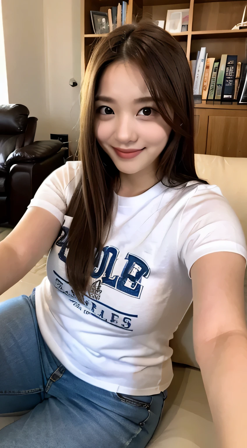 highest quality, disorganized, chubby girl:1.4, smile, selfie, sitting, looking at the viewer, semi-long, brown hair, black eye, Big eyes, white skin, , Plump, T-shirt, 20-year-old, Japanese, in the room, with sofa, With bookshelf, half body photo
