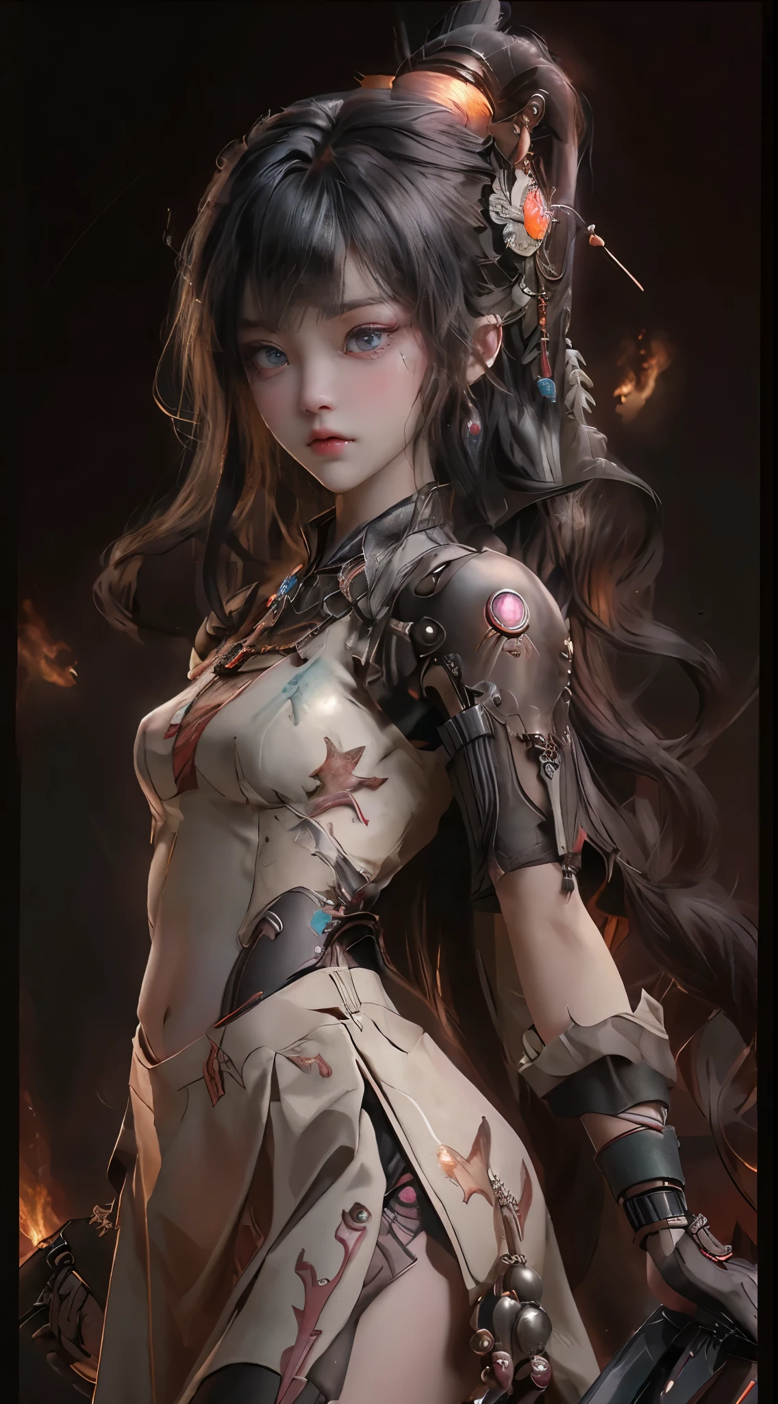 Mechanical doll magical girl, female, 14 years old, Dynamic action pose, UHD, retina, masterpiece, anatomically correct, skin texture, super detailed, highly detailed, high quality, award winning, top quality, 16K, thick bangs, beautiful long black hair curled vertically and heavily disheveled in the wind, slit eyes, very large crescent-shaped eyes, very large dark gray eyes shining like jewels, long eyelashes, very thin little nose, very small mouth, very thin upper lip, light colored natural makeup, very slender and attractive body, (complex mechanical steampunk headgear, black lace flared skirt, complex mechanical overdecorated gothic lolita fashion combined with steampunk fashion), upturned small beautiful breasts, (exploding flames in the background). (complex mechanic factory, lots of gears, lots of piping, lightning filled space sky), create highly detailed and realistic images, (super detailed background), (dark mysterious: 1. 2),