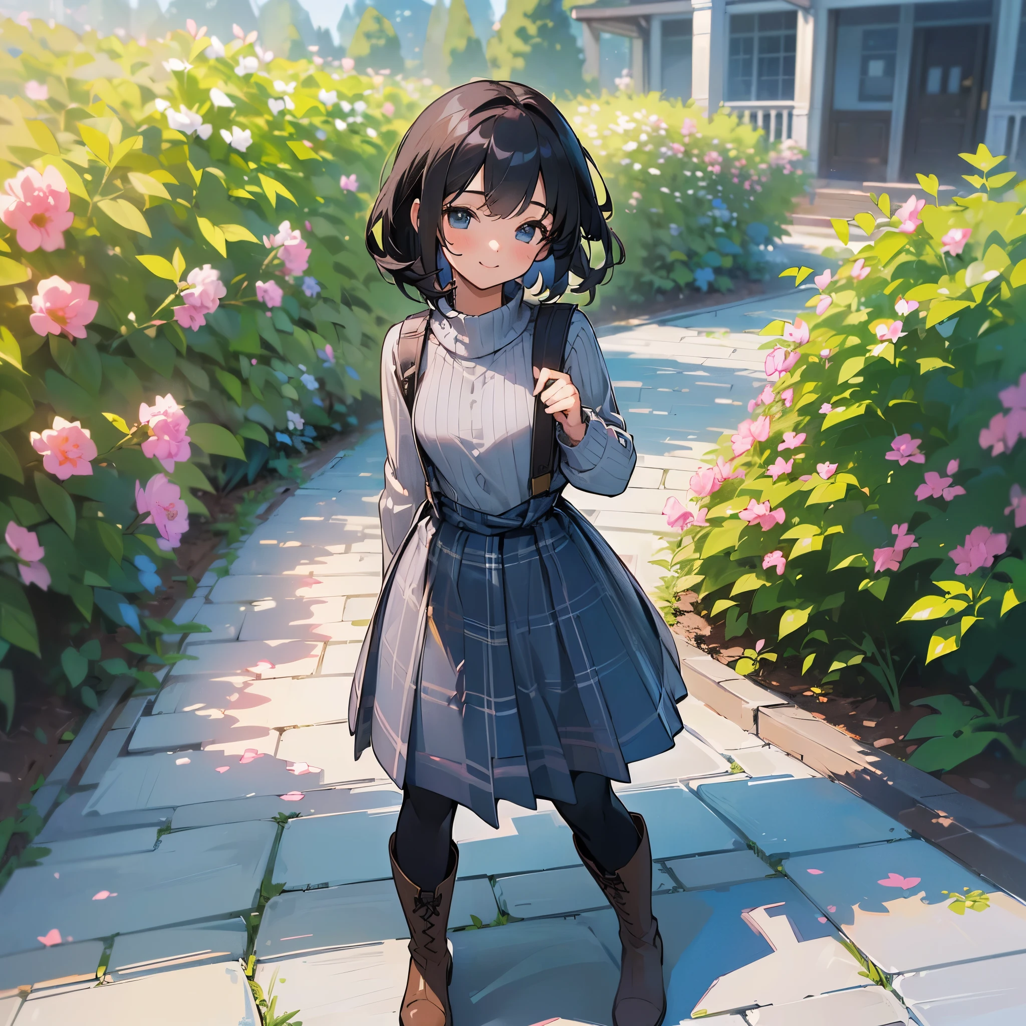 (high quality, high resolution, Super detailed, 8K, Reality:1.37), peaceful atmosphere, (outdoor, garden), age girl standing alone, (big chest.), beautiful detailed features, cute smile, (black bob hair), ribbed sweater, blue plaid skirt, black tights, brown boots.