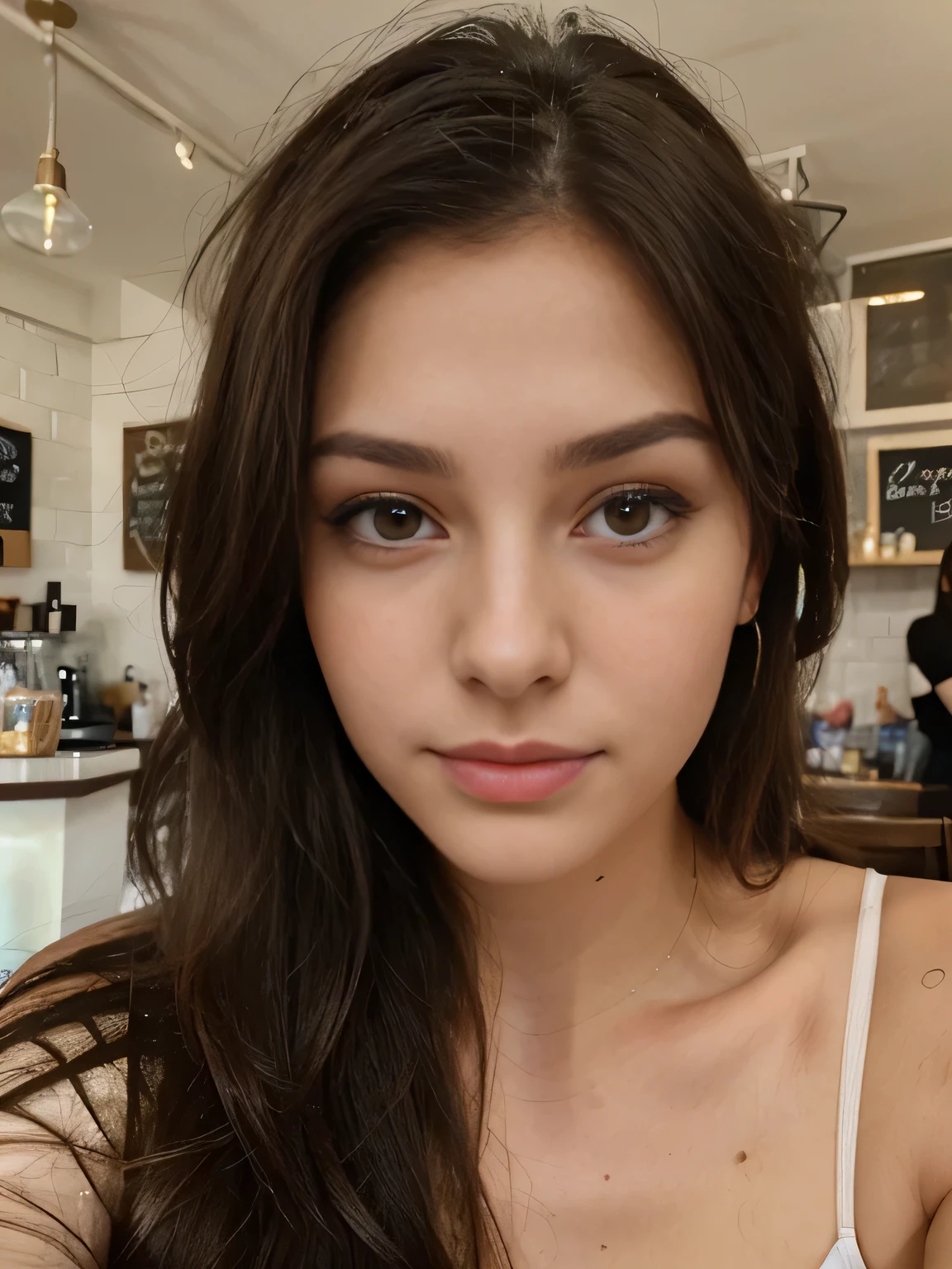 Photo of a 20 year old brunette woman, that  has a very natural face,  thin lips, thin eyes, thin eyebrows, thin nose, earrings, long eyelashes. She makes a cute selfie in a cafe