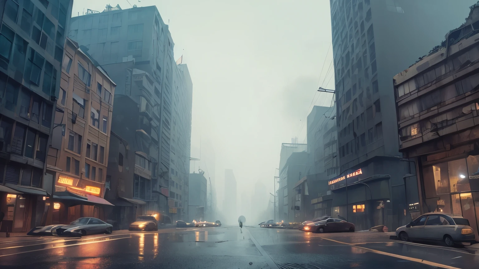 A city street filled with many tall buildings, By Simon Stallenhag (simon stålenhag) inspired matte painting, Pexels Contest Winners, Surrealism, An abandoned dystopian city, dirty street background, Post apocalyptic city streets