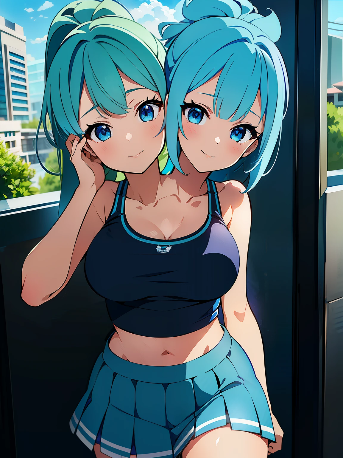 (masterpiece),(ultra-detailed), (high quality), (high resolution), (best quality:1.5, highres, UHD), highres, absurdo, ultra detail, ultra quality, Ultra resolution, 16k, ((2heads:1.5)), 1girl, anime girl with two heads, light blue hair, ponytail, blue tank top, casual wear, city background, smiling, exposed midriff, high school outside, age girl, vibrant lighting, blue skirt