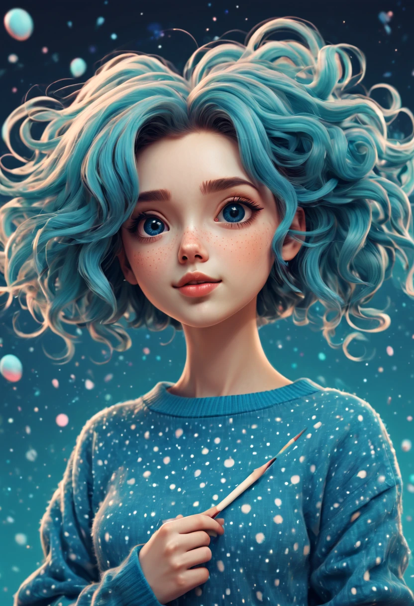 (best quality, highres, ultra sharp), (magical cute girl:1.2). Standing, (Full body:1.1) view, (long legs:1.1), shoes, magical style, standing, long neck, large head, (exaggerated hair:1.1), (fluffy hair:1.1), (expanded hair:1.2), small freckles, exaggerated expression, surreal, duck egg blue sweater with small dots, details, horsehair, fluffy, socks, magic background, hand-drawn style,pencil drawing,cute, flowing lines, clean and crisp outlines, clean composition, zentangle hair style, art deco, zentangle, 3d crunch, cinematic,