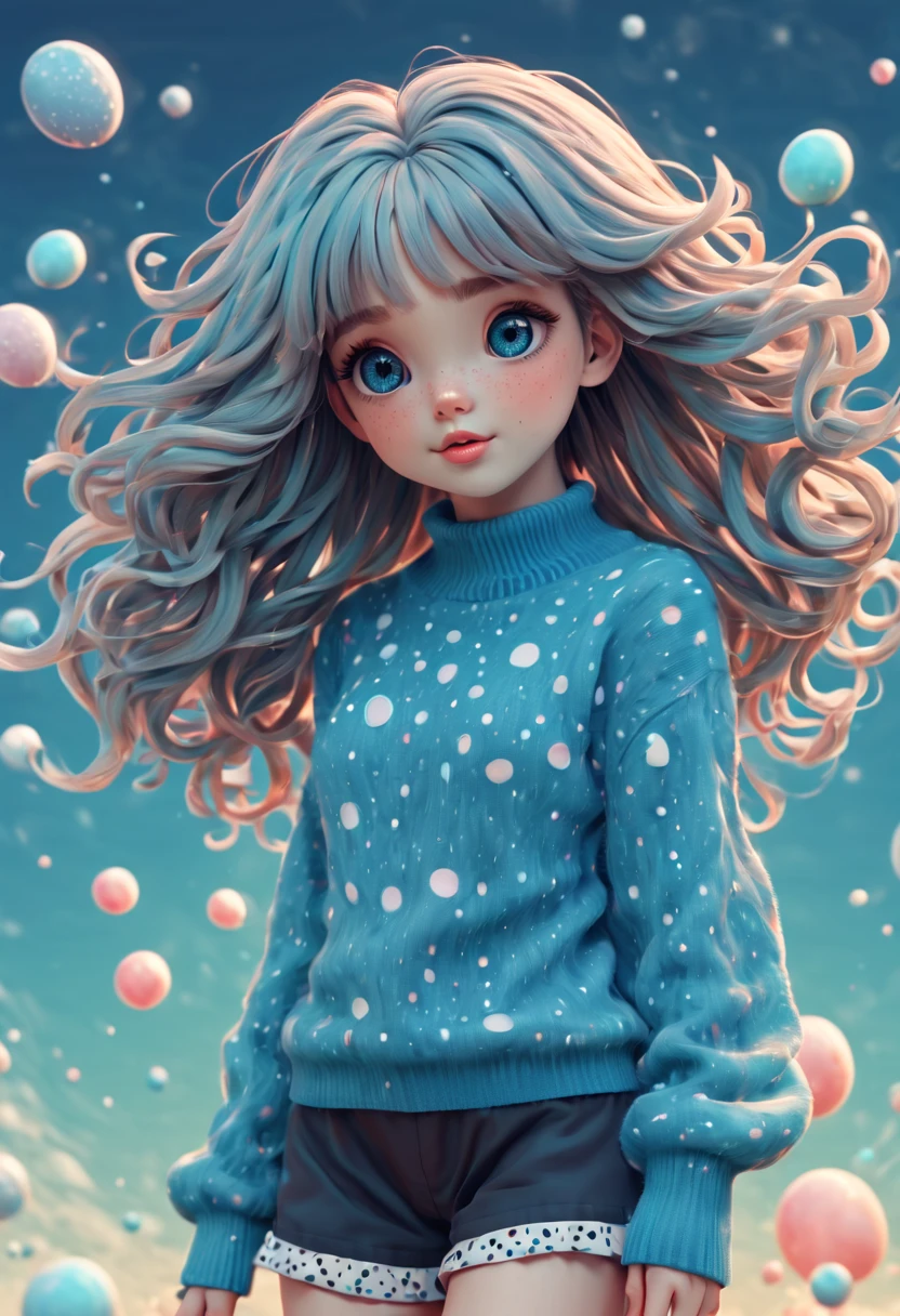 (best quality, highres, ultra sharp), (magical cute girl:1.2). Standing, (Full body:1.1) view, (long legs:1.1), shoes, magical style, standing, long neck, large head, (exaggerated hair:1.1), (fluffy hair:1.1), (expanded hair:1.2), small freckles, exaggerated expression, surreal, duck egg blue sweater with small dots, details, horsehair, fluffy, socks, magic background, hand-drawn style,pencil drawing,cute, flowing lines, clean and crisp outlines, clean composition, zentangle hair style, art deco, zentangle, 3d crunch, cinematic,