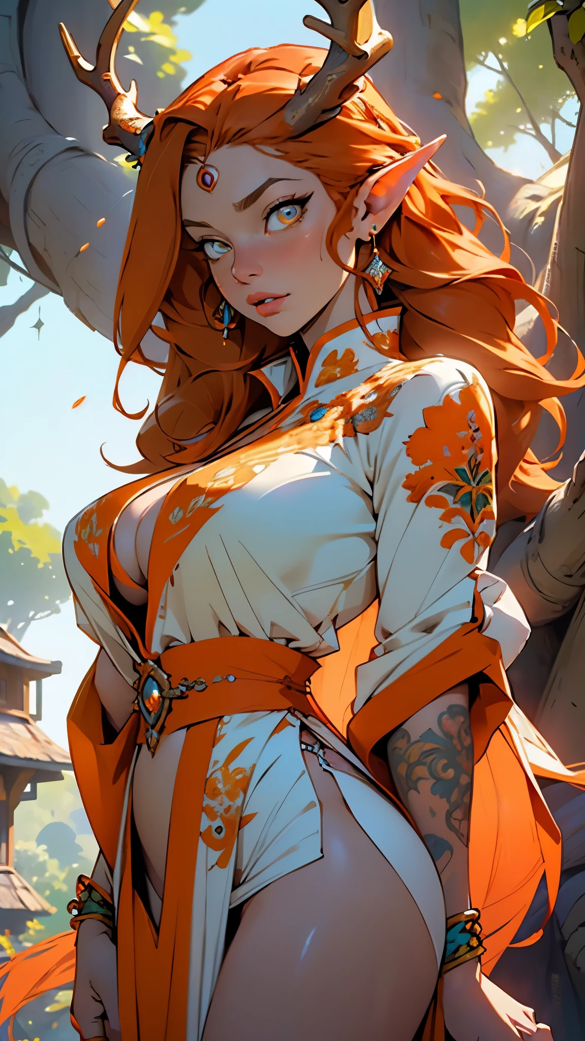 Titania, queen of the fairies,gouache girl, beautiful exotic features,cute oppai elf,(((little mature woman,oppai body,little))),(((50 years old))),((anime elf oppai with extremely cute and beautiful orange hair)), (((elf))), (((elf ears))),((huge antlers:1.2,symmetrical antler horns,horns(antler horns:1.1))),((large wings: 1.5,Butterfly Wings))

(((Giant Breasted Girl))),((((Bright orange hair:1.35,orange hair,very long hair,swirling orange hair:1.5,flowing orange hair:1.5)))),((neon amber_eyes: 1.5)))piercing amber eyes,intricate eyes,beautiful detailed eyes,symmetrical eyes,(((lustrous skin:1.5,bright skin: 1.5,skin tanned,shiny skin,very shiny skin,shiny body,plastic glitter skin,exaggerated shiny skin,illuminated skin))),(detailed body,(detailed face)),Interdimensional creature, female creature,Sexy queen, Seductive monster, Lust creature, 

cute,slutty,erotic,daring,(((nsfw))),

((blue tribal tattoos, tattoos)), Sexy attire, Fantasy clothing,(an orange-haired faerie woman),vibrant pink clothes,elaborate queen robe,ethereal glow,Finely Detailed Elaborate Ornate faerie Queen Goddess with Elaborately Detailed amber Eyes,(((intricate outfit,intricate clothes,embroidered outfit,ornate outfit))),

(dynamic pose:1.0),wisdom, serious face,(centered,scale to fit dimensions,Rule of thirds),

((world tree,tree houses)),scenery:1.25,((intricate scenery)),((world tree background,tree houses background)),(natural magic,mystical powers),

(Glossy winter ornaments),highres,sharp focus,(ultra detailed,extremely detailed),(photorealistic artwork:1.37),(extremely detailed CG unity 8k wallpaper),(((vibrant colors,vibrant theme))),(intricate),(masterpiece),(best quality),artistic photography,(photography taken by sldr),(intricate background),perfect rendered face,perfect face details,realistic face,photo realistic,analog style,((intricate detail)),(((realism))),
