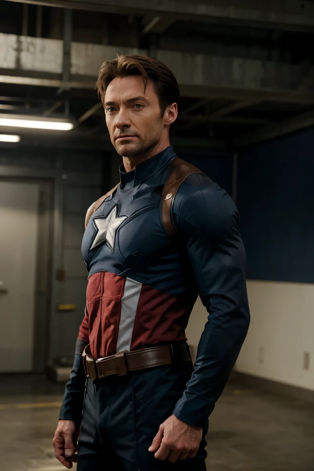 hugh jackman wearing a Captain America costume