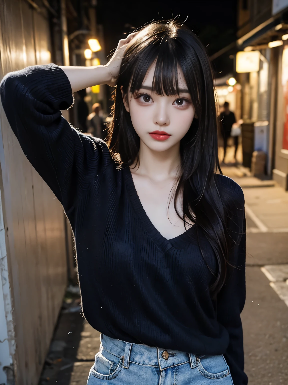 raw photo, 8k, (top-quality), Realistic, (real picture, Intricate details), (natural skin texture, detailed skin, hyper realism, sharpness), (Japanese teenage girl standing in a dirty back alley at night, hands on head, graffitied wall:1.3), ((white hand-knitted long sweater, v-neck sweater)), (pale skin:1.2), slender body), ((bob hair, blunt bangs)), (seductive face, provocative look, Parted lips:1.3, eye shadow, eyeliner, tear bag:1.2, red lipstick), graffiti:1.5, night time, spot lighting:1.3, upper body shot