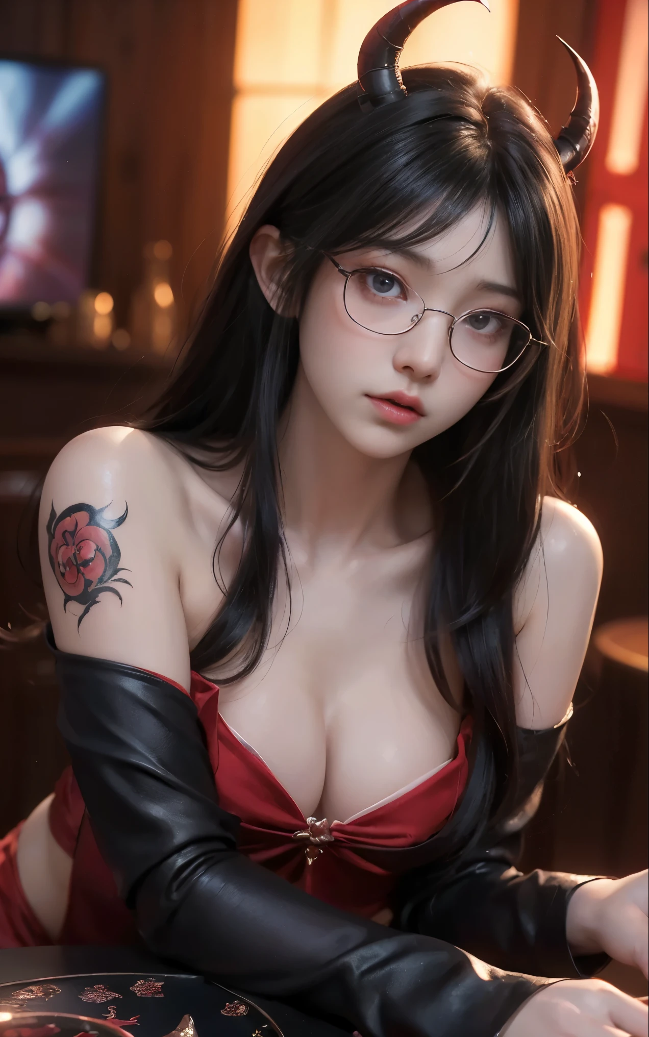 Are you okayですかですか、(best illustrations)、8k UHD resolution、intricate details、highest quality、realistic、Super detailed、best lighting、best shadows、soft lighting、Ultra HD、超realistic、Tyndall effect、Photoreal、(high detail skin:1.2)、 (intricate details, compensate, face to face with the children_v1:0.5), (Are you okay, beautiful and delicate face, Are you okayですか, beautiful and delicate eyes, perfectly proportioned face, high resolution skins, fine skin, Optimal ratio of 4 fingers and 1 thumb, arm under chest, red tattoo on lower abdomen、Wow wow, wide hips, smooth abdomen, thin and thin skin, __fashion__, __hair__:1.25)、Digital single-lens reflex camera、 absurd、(table top: 1.3), (maximum resolution: 1.2), (Ultra HDTV: 1.2), cinematic light, fine eyes and skin, detailed facial features, , (sharp focus: 1.2）, (focus on the face:1.2),perfect style, beautiful face, acura, anatomically correct, Highly detailed face and skin texture, fine eyes, double eyelid, thin eyebrows, glitter eyeliner: 1 natural cheeks, Glossy skin, Fair skin: 1.2, (glossy lips: 1.4),(embarrassed look: 1.2),Highly detailed face and skin texture, fine eyes, double eyelid, natural cheeks,  glossy lips: 1.4,exposed cleavage、Bewitching。Charm、 Beautiful devil woman from hell, Surreal female portraits by David Hockney and Alphonse Mucha, Charm女性の肖像画、fantasy art, Chinese humanoid、chinese actress、dungeon、dragon、devil&#39;palace of、devil&#39;torture chamber、night、dark style 、in the dark、(detailed spooky background:0.8), magic、 1 girl、evil nun、dark necromancer、Succubus、devil&#39;Daughter of、Shinonome Umi、bat wings，(((devil&#39;horn)))、 ((((giant glasses, otaku glasses, thick glasses, round glasses)))),(((big breasts)))、(devil&#39;tail of)、(red eyesは光り輝いて:1.6)、red eyesは非常に鮮明で詳細です, Your eyes are made up so beautifully, ((red eyes:1.0)),intricate tattoo, demonic intricate tattoo, tattoo on thigh, body tattoo, masterpiece、最もbeautiful face、baby face、cute smile、beautiful plump red lips、筋肉のCharm体、devilのCharm体、devil style、Charmブラックマジックコスチューム、The long-haired、Braid、Black hair、Ponytail distortion、, Ponytail with a bow tied at the back of the hair, beautiful expression、body up、big breasts強調、bust,  super tight chest, Breast augmentation surgery, Breasts are very big and round,tight waist、wide ass、 private key, cowboy lens, (black phoenix dress: 1.0),  devil crown,  red sparkling gemstone necklace、Jewelry G Wise,  Please wear black mesh socks,Wearing light red、nffsw, nffsw, meet beautiful girls, look at the girl&#39;body of,