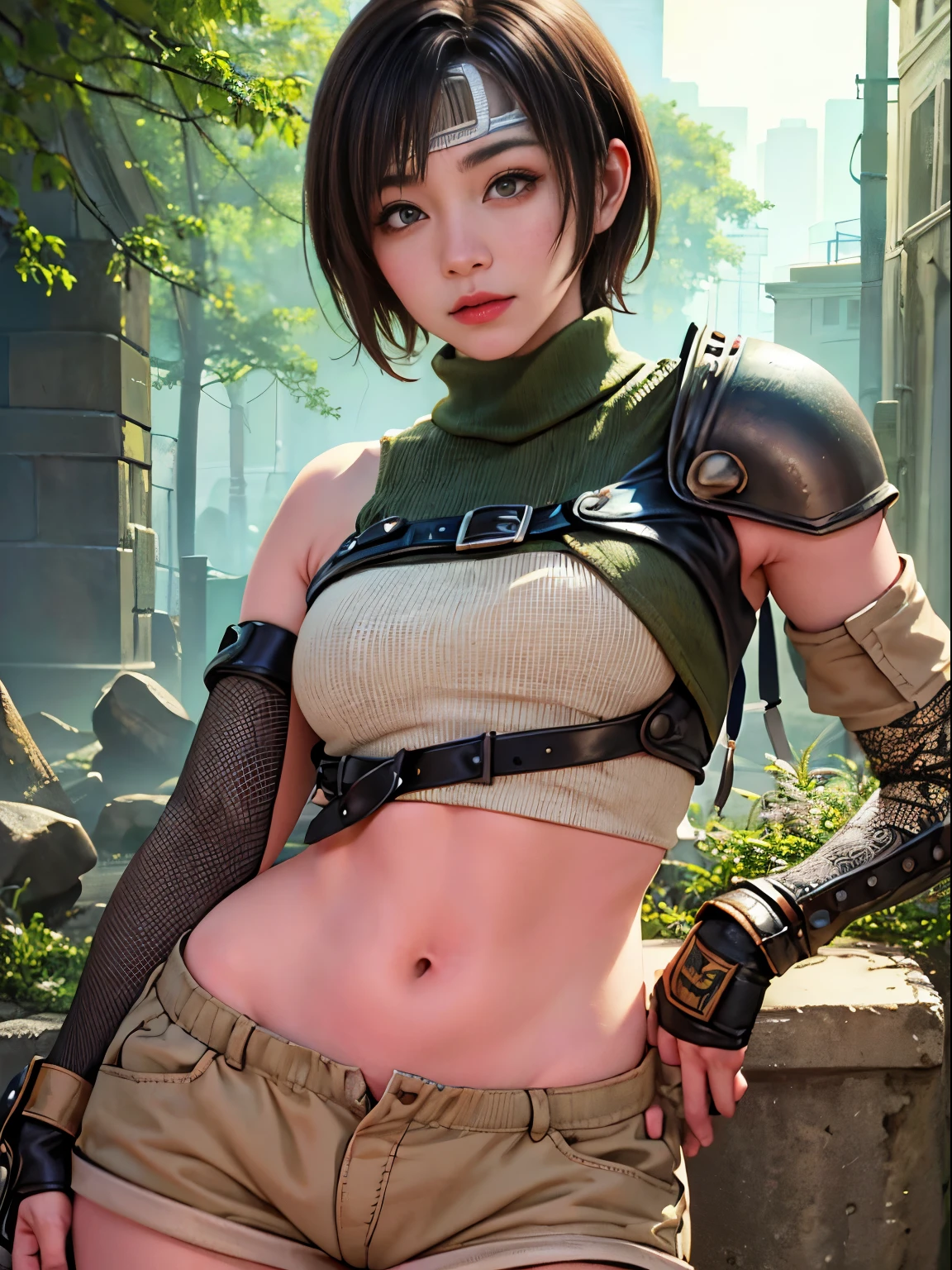 (masterpiece, best quality:1.4), (future days), (fighting:1.5), (full body), (from front), (1girl), solo, (european youth:1), 1girl, short hair, headband navel, sleeveless, turtleneck, brown eyes, sleeveless turtleneck, solo, breasts, looking at viewer, sexy smile, gloves, crop top, brown hair, shorts, midriff, armor, sweater, open fly, fingerless gloves, ribbed sweater, medium breasts, yufi_kisaragi_01, girlhyperrealistic, high detailed skin, dslr, soft lighting, high quality, highly detailed face, highly detailed skin, skin pores, subsurface scattering, realistic pupils, medium breast, full face blush, full lips, detailed background, depth of field, volumetric lighting, sharp focus, absurdres, realistic proportions, good anatomy, (realistic, hyperrealistic:1.4), 16k hdr,