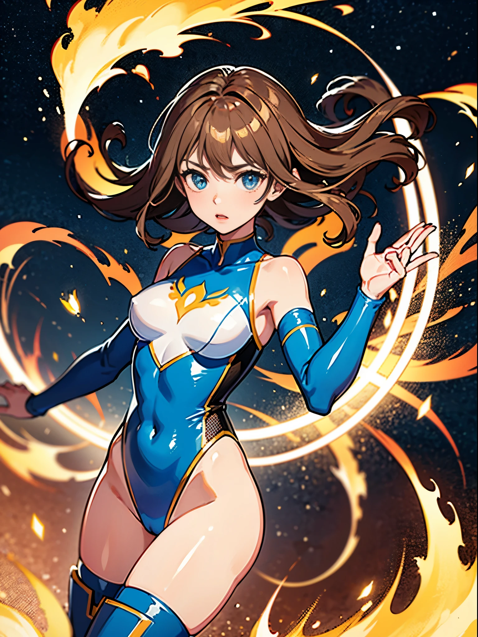 masterpiece, best quality, 1girl, superhero, two-tone leotard, bare legs, knee boots, matching boots, heroic, standing, body infused with energy, light particles, solo, single, cowboy shot, perfect anatomy, brown hair, beautiful detailed eyes, spread arms, spinning, spins fast in place like a tornado, twirling in place, tornado spinning, rapid gyration, space backdrop, motion blur, speed lines, tornado, magic circle, energy