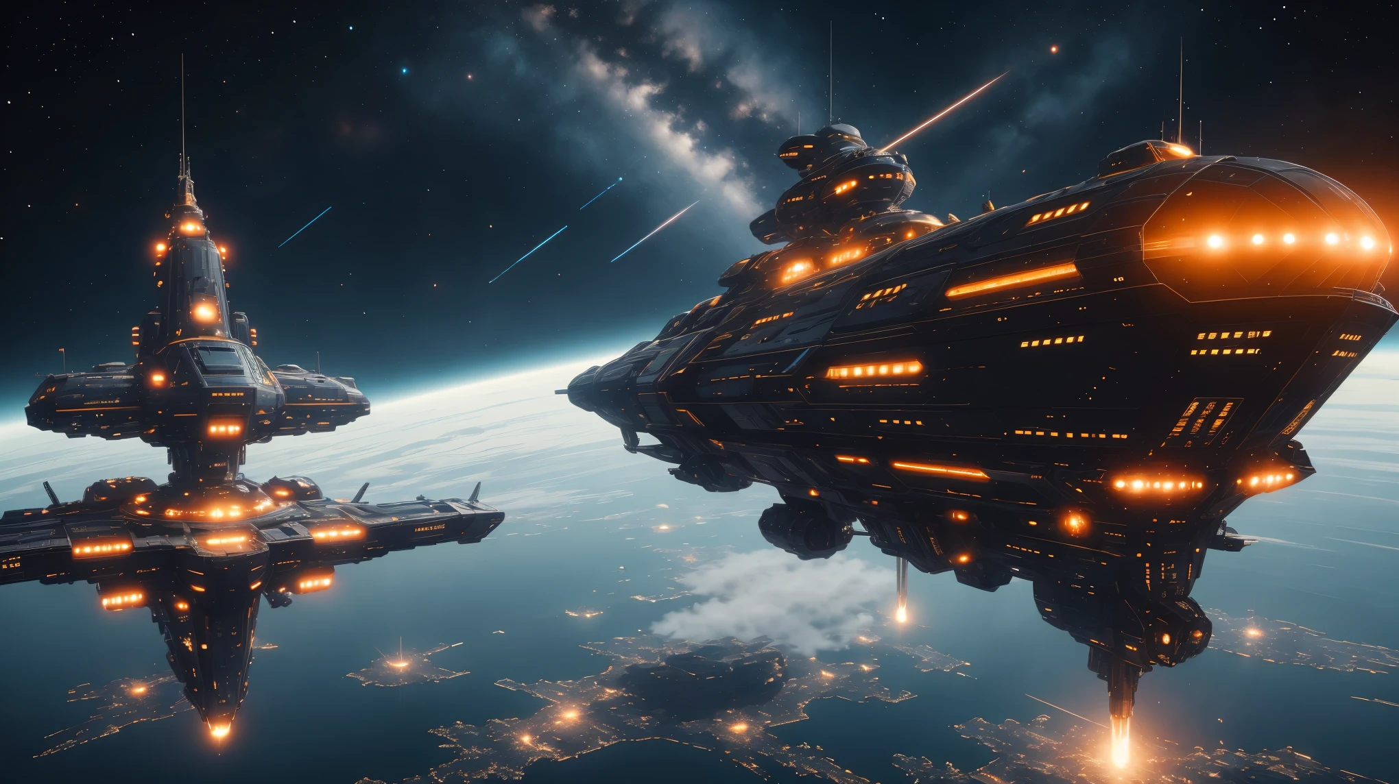 COMG3O,(a large, majestic, highly detailed spaceship),(best quality,highres,masterpiece:1.2),sci-fi,star destroyer,expansive universe,galactic battle,vivid colors,dark background,studio lighting,realistic,photorealistic:1.37,yellow and blue color scheme,laser cannons,stalled sky,iconic spaceship design,epic space battle,imposing presence,interstellar warfare,cosmic setting,sharp focus,huge engines,metallic hull,detailed lighting effects,sleek and advanced technology,dramatic composition,jaw-dropping visual impact,thrilling space adventure,atmospheric perspective.