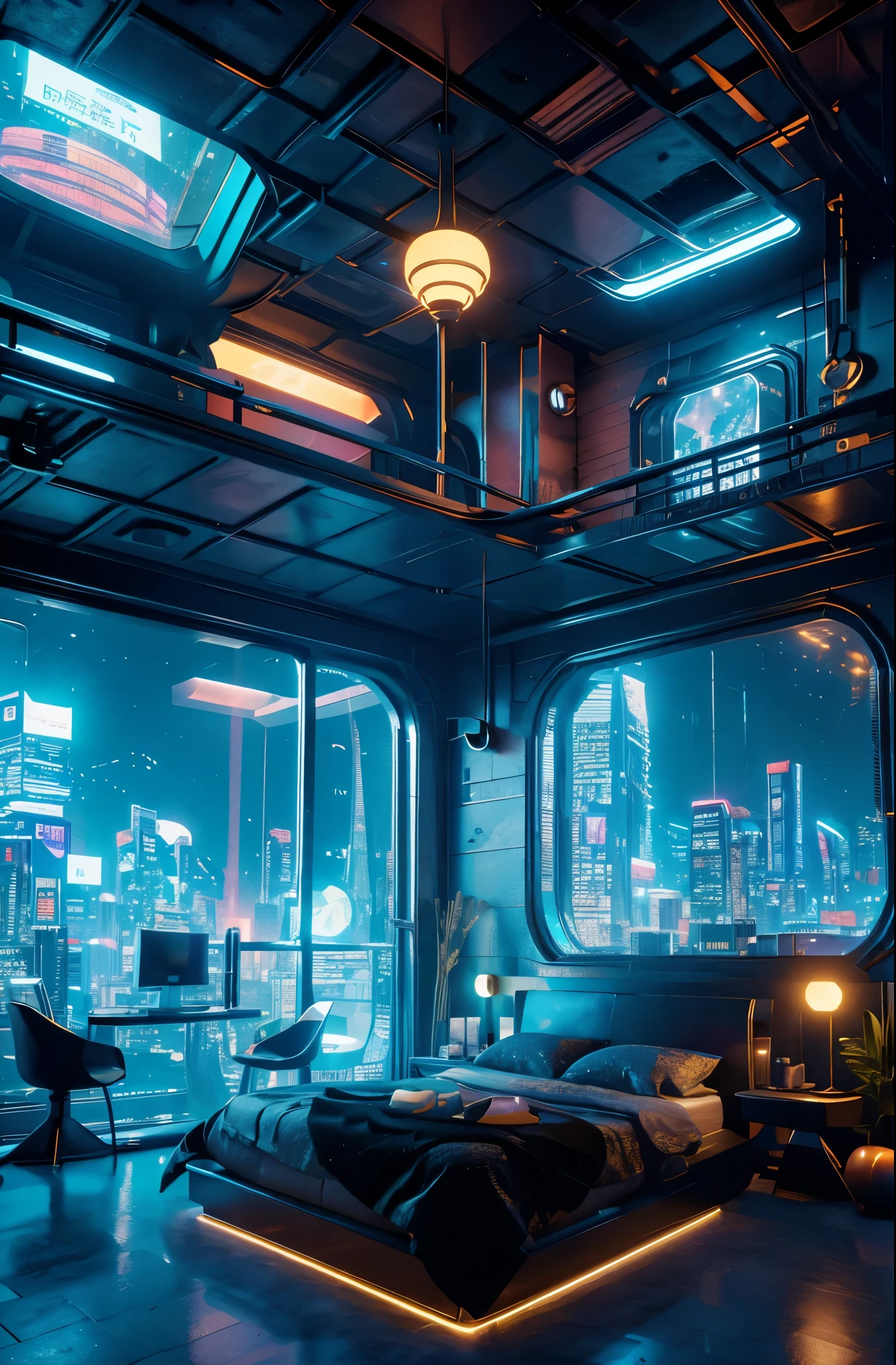 ((masterpiece)), (ultra-detailed), (intricate details), (high resolution CGI artwork 8k), Create an image of a retro futuristic cyberpunk bedroom. One of the walls should feature a big window with a busy, colorful, and detailed cyberpunk cityscape. Futuristic style with lots of colors and LED lights. The cityscape should be extremely detailed with depth of field. Utilize atmospheric lighting to create depth and evoke the feel of a busy futuristic city outside the window. Pay close attention to face details like intricate, hires eyes and bedroom accents. Camera: wide shot showing the room and the window. The window should be the focal point of the image. Lighting: use atmospheric and volumetric lighting to enhance the cityscape details. The room should be illuminated by the neon lights from the cityscape.