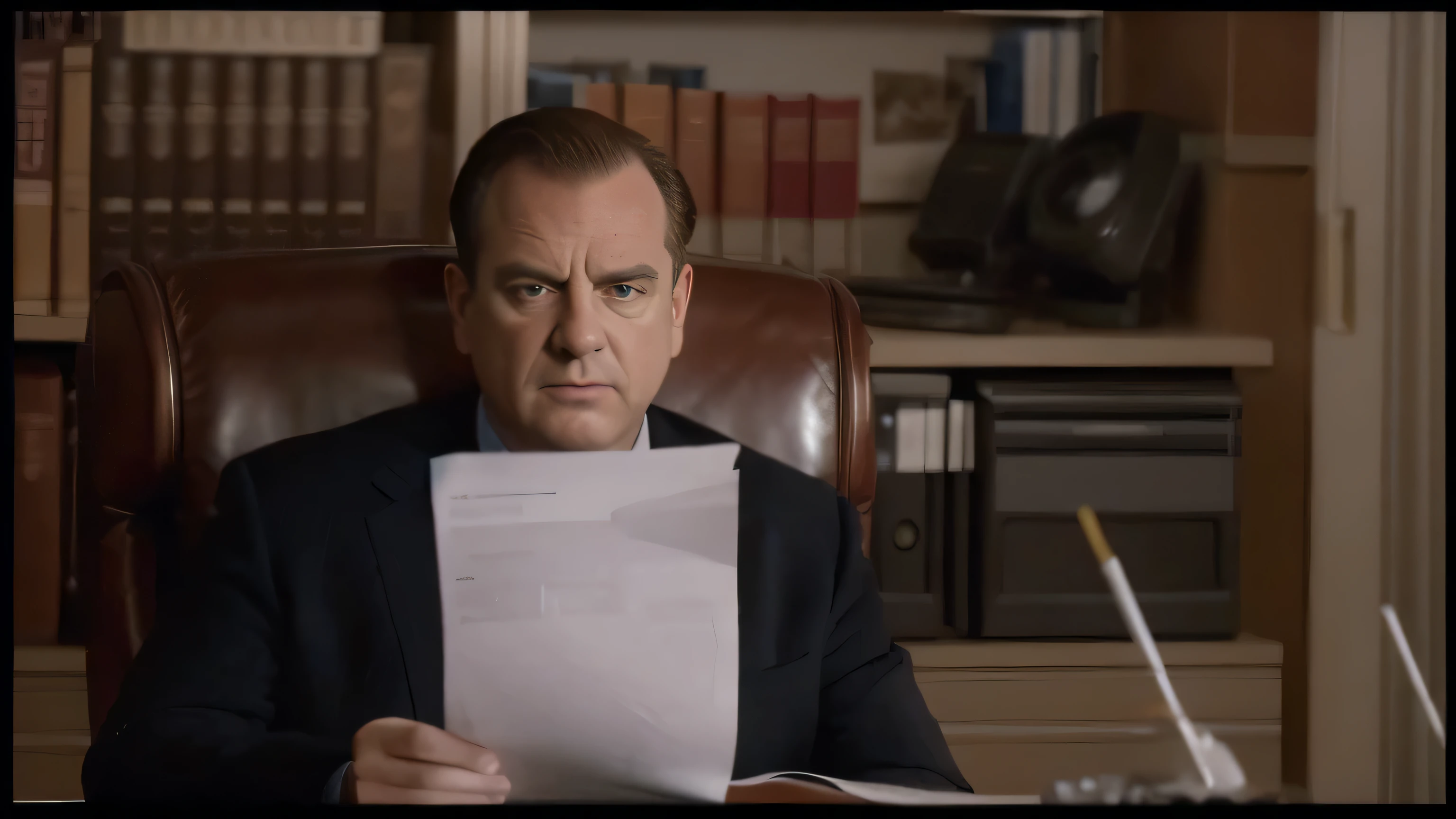arafed man in a suit reading a piece of paper in a chair, movie screencap, from a movie scene, movie screen shot, perfect movie shot, serious business, still from the the sopranos, sitting in dean's office, serious, big budget movie scene, widescreen shot, screen cap, full scene shot, high quality screenshot, screen capture