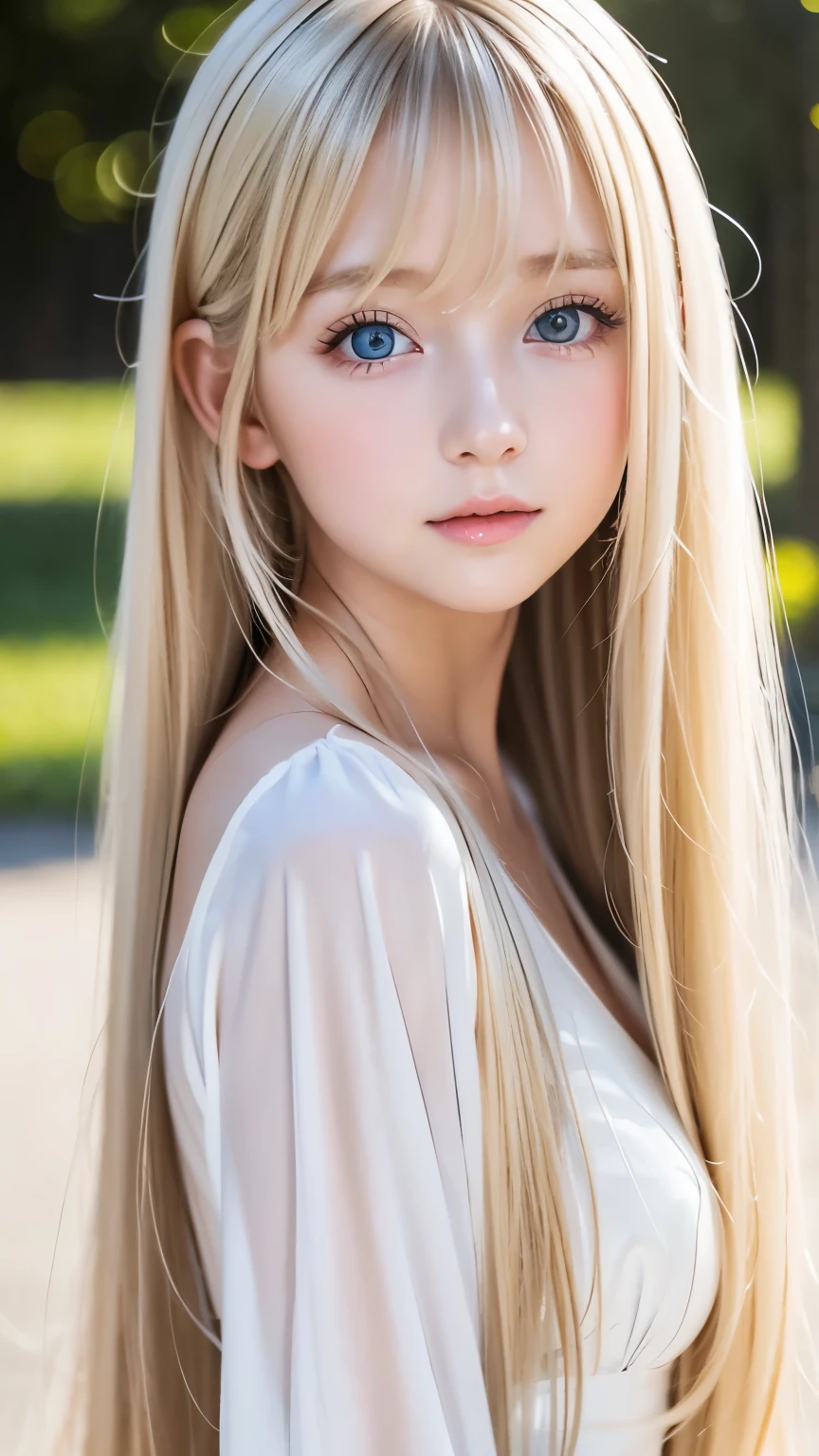 A very beautiful baby blonde girl with a mysterious luster.、super long super long straight silky hair、cute face、beautiful shiny white skin、cheek gloss highlight、Big bright light blue eyes that shine so beautifully、very big beautiful eyes、bangs over eyes、hair over eyes、hair over one eye、hair between eyes、big double eyelid eyes、Beautiful very super long shiny silky pale blonde straight hair、15 year old Scandinavian beautiful girl、Cute beautiful girl with long bangs swinging、The most beautiful girls in the world in the West、round face、adorable appearance、small face beauty