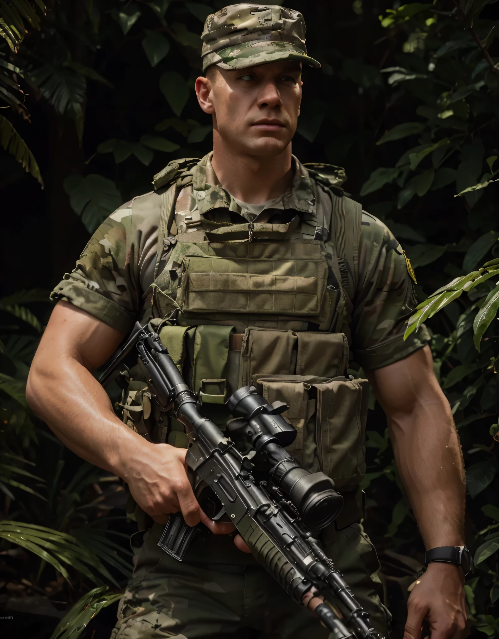 Soldado americano, Ultra muscular American in the style of the 60s., very masculine british face, angry expression, pelo rubio muy corto, uniforme militar de camuflaje verde oliva, camiseta militar, Gorra militar, chaleco antibalas, Lleva un rifle de francotirador, is in an ultra detallado jungle, ultra detallado, Hyper Realista, 4k, ultra detallado image, Realista, muy detallado, perfect composition, beautiful intricately detailed incredibly detailed, Artistic photography in 8K, hiper detallado, Obra maestra