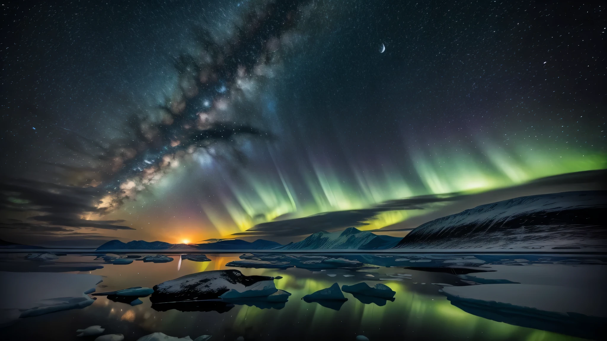 draw a starry sky on canvas，The arctic landscape is depicted below，You can participate in the reflection of the moon and stars。A bright moon is drawn on one side..，The emerald aurora shines beautifully，Create light and shadow effects，beauty full of silence。
