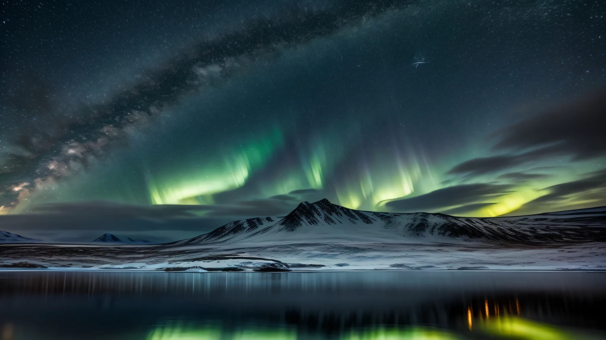 draw a starry sky on canvas，The arctic landscape is depicted below，You can participate in the reflection of the moon and stars。A bright moon is drawn on one side..，The emerald aurora shines beautifully，Create light and shadow effects，beauty full of silence。