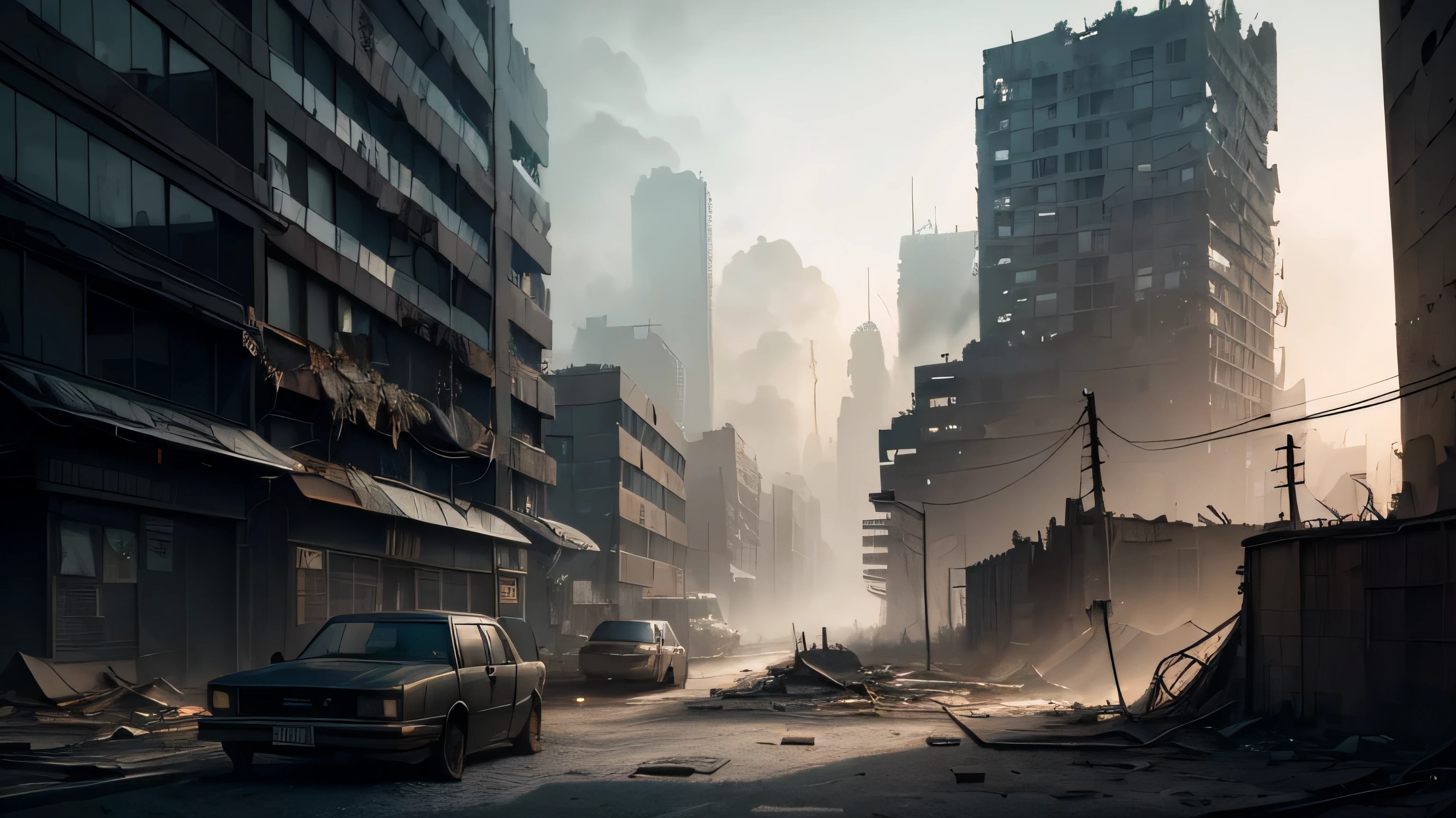 (best quality,4k,high resolution),Super detailed,actual,Pexels Contest Winners,Surrealism:1.3,Abandoned dystopian city,City street with many skyscrapers,Matte paintings inspired by Simon Stallenhag,fog,distant cityscape,apocalyptic city,Desolate urban scene,ominous lighting,urban aging,dystopian future,Secluded alley,chaotic cityscape,Atmospheric haze,Castle City Wilderness,cloudy day,Bustling metropolis,crumbling building, pedestrian,光束穿透fog,gritty urban environment,industrial building,twisted metal structure,deserted street,rough texture,gloomy atmosphere,Ominous silence,urban exploration,Lush vegetation in the city,dilapidated infrastructure,dark shadow,ghostly figure,Get lost in the maze of the city,Skyscrapers reaching the clouds,Cables span the skyline,Broken windows reflect the dying light,loneliness in chaos,deserted street，There are no signs of life,abandoned vehicles,post-apocalyptic loneliness,relentless urban expansion,metropolitan ghost town,apocalyptic beauty,hopeless horizon,ruthless cityscape.