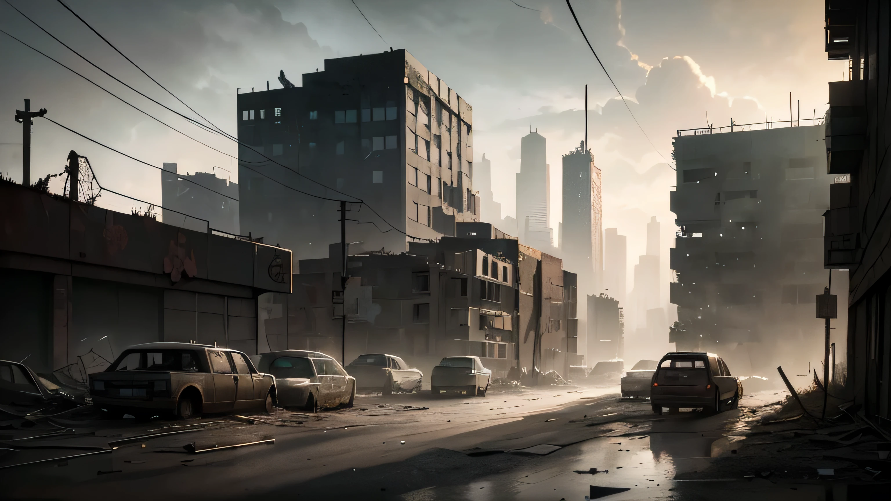 (best quality,4k,high resolution),Super detailed,actual,Pexels Contest Winners,Surrealism:1.3,Abandoned dystopian city,City street with many skyscrapers,Matte paintings inspired by Simon Stallenhag,fog,distant cityscape,apocalyptic city,Desolate urban scene,ominous lighting,urban aging,dystopian future,Secluded alley,chaotic cityscape,Atmospheric haze,Castle City Wilderness,cloudy day,Bustling metropolis,crumbling building, pedestrian,光束穿透fog,gritty urban environment,industrial building,twisted metal structure,deserted street,rough texture,gloomy atmosphere,Ominous silence,urban exploration,Lush vegetation in the city,dilapidated infrastructure,dark shadow,ghostly figure,Get lost in the maze of the city,Skyscrapers reaching the clouds,Cables span the skyline,Broken windows reflect the dying light,loneliness in chaos,deserted street,There are no signs of life,abandoned vehicles,post-apocalyptic loneliness,relentless urban expansion,metropolitan ghost town,apocalyptic beauty,hopeless horizon,ruthless cityscape.