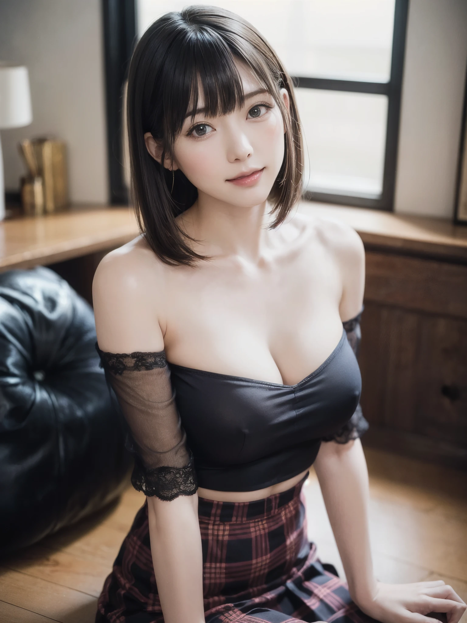 (table top:1.4、highest quality:1.4、best image quality:1.4、A beautiful adult woman with a charming smile:1.4、beautiful teeth、lip gloss、brunette short bob hair、Shiny and lustrous hair、光沢のあるbangsを持っている:1.4、bangs:1.4、short and shiny hair with long hair,,、long neck:1.4、show me your ears、tall supermodel、supermodel with broad shoulders、{Huge|big|Hugeな|mega} chest, Beautiful chest have cleavage)、(cute high school girl、off-shoulder white see-through shirt、Short plaid see-through pleated skirt、28 years old)、She is a very cute and attractive woman、perfect anatomy、
