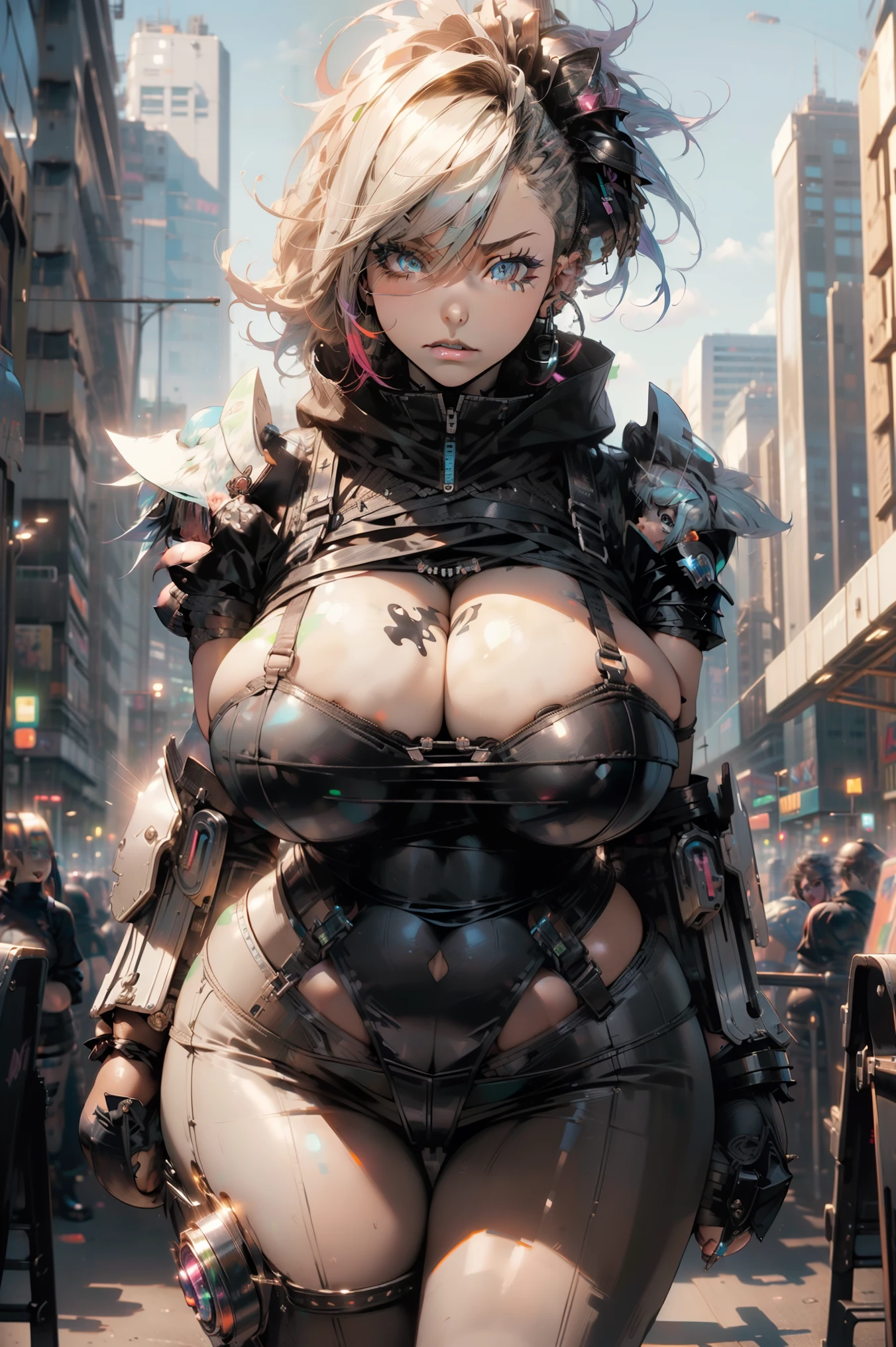 (((masterpiece)))POV: ((((Super huge enormously gigantic tits, cleavage showing)))) short neon blue punk rock mohawk hairstyle, futuristic Harajuku-inspired hooded cyberpunk battle armor, tons of tattoos and piercings, skinny, slim thick, small waist, 8k, UHD, (curvy accentuated super huge enormously gigantic tits), futuristic cyber City background  