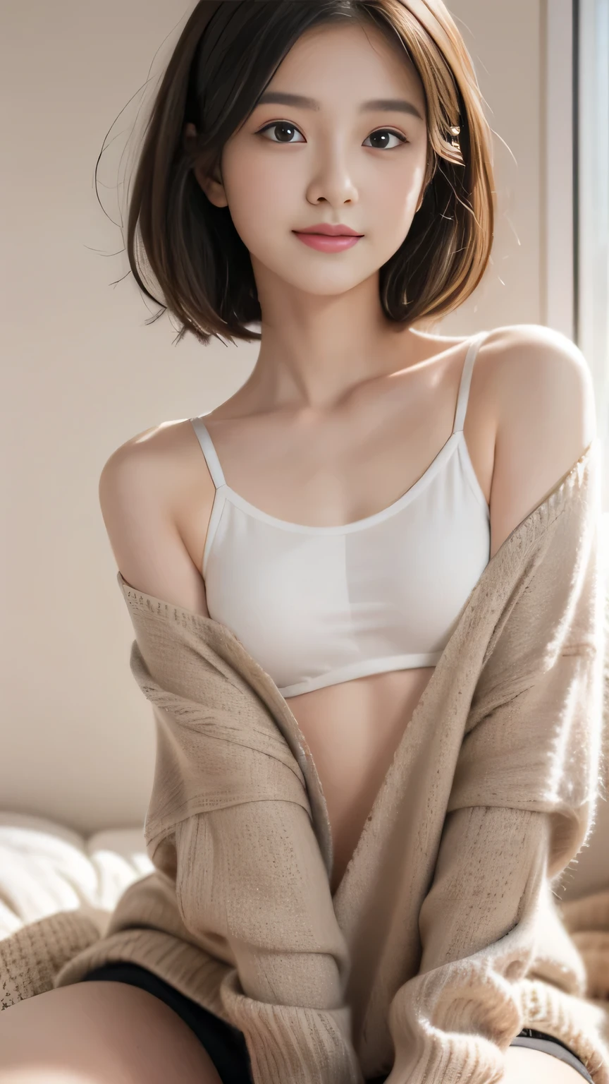 muste piece、best quality、illustration、 Super detailed、fine details、 High resolution、8K Dende Wallpaper、perfect dynamic composition、Cute 19 year old college girl、sweet girl、detailed beautiful face、detailed cute eyes、textured skin、modest smile、short cut hair、small breasts、winter casual wear、bold sexy pose、