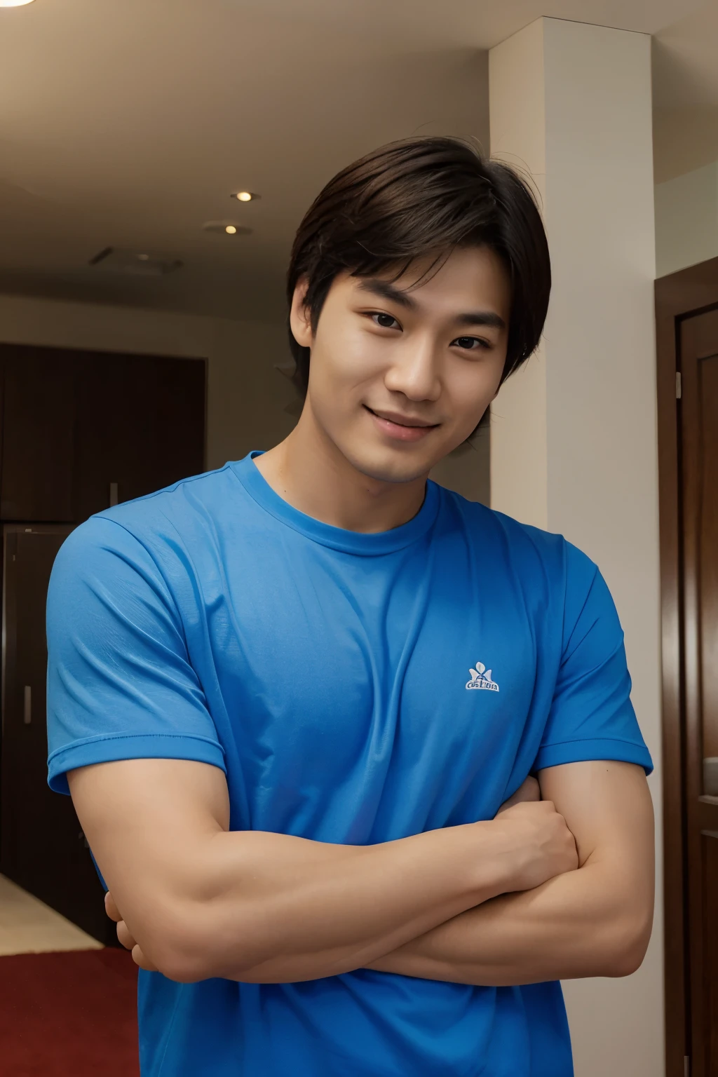 Korean in his 20s, Upper body smiling with arms crossed forward, royal blue shirt, elaborate, bright, high resolution, Hyper-realistic, Advertising Photography