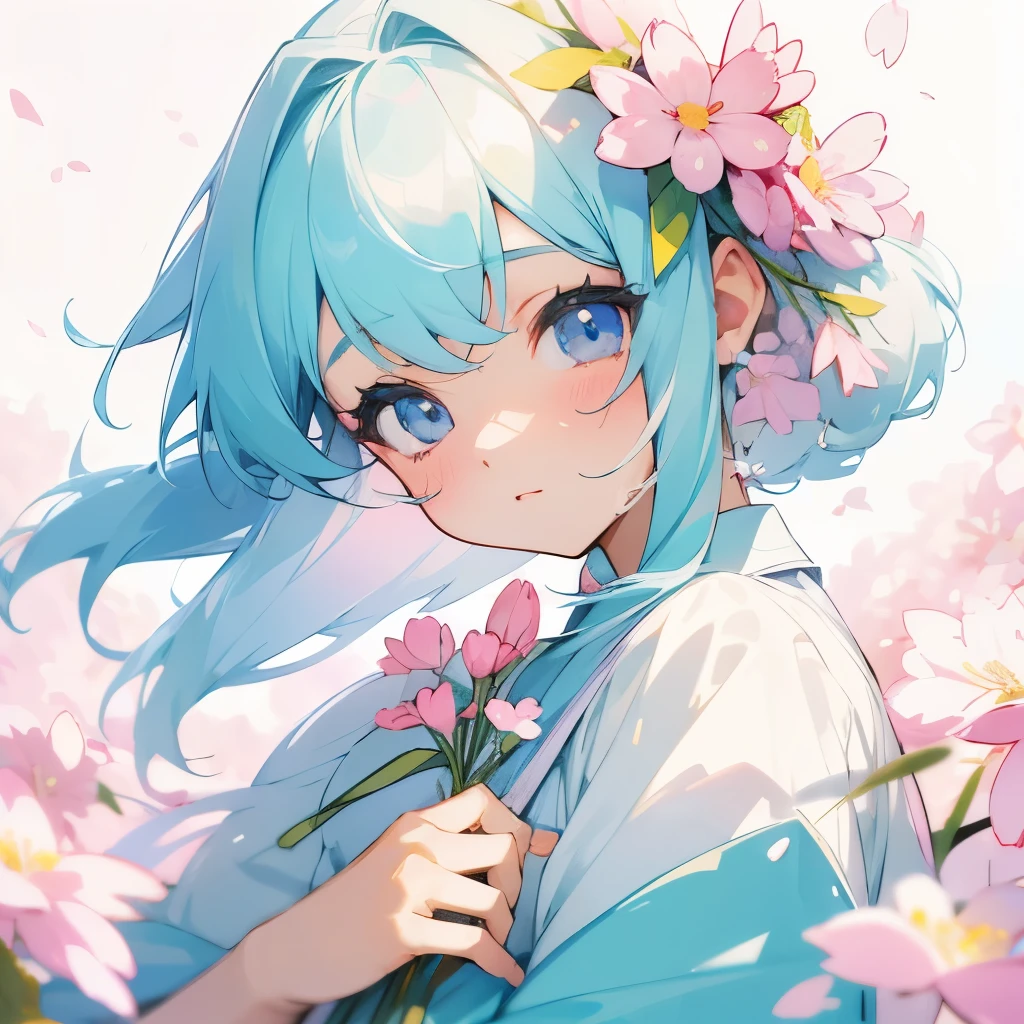 pastel color beauty、Beautiful girl in pastel colors、Spring is almost here、pastel colored spring flowers、pastel colored spring breeze、Surrounded by many spring flowers in pastel colors、Design images using wide-angle lens effects、