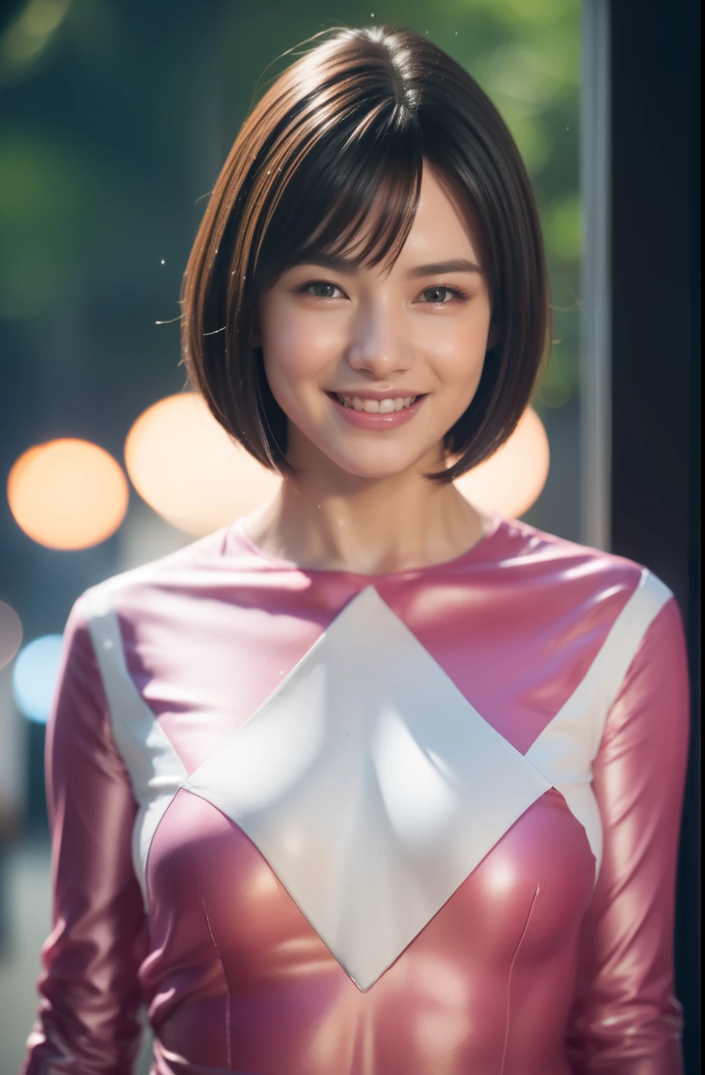 20-year-old surreal idol、ultra-thin pink ranger suit、Nipple ring、Smiling smile、Short Layer Hair、The upper part of the body、Walking without noticing the camera、In the city of heavy rain、Wet from rain、Wet and clothes stuck to the body、RAW,(8k, top-quality, masterpiece:1.2),(intricate detailes:1.4),(Photorealsitic:1.4),octane renderings, Complex 3D Rendering Ultra Detail, Studio Soft Light, Rim Lights, vibrant detail, The ultra-detailliert, realistic skin textures, Detail Face, Beautiful detail eyes, Very detailed CG Unity 8k wallpaper, make - up, (detailedbackground:1.2),