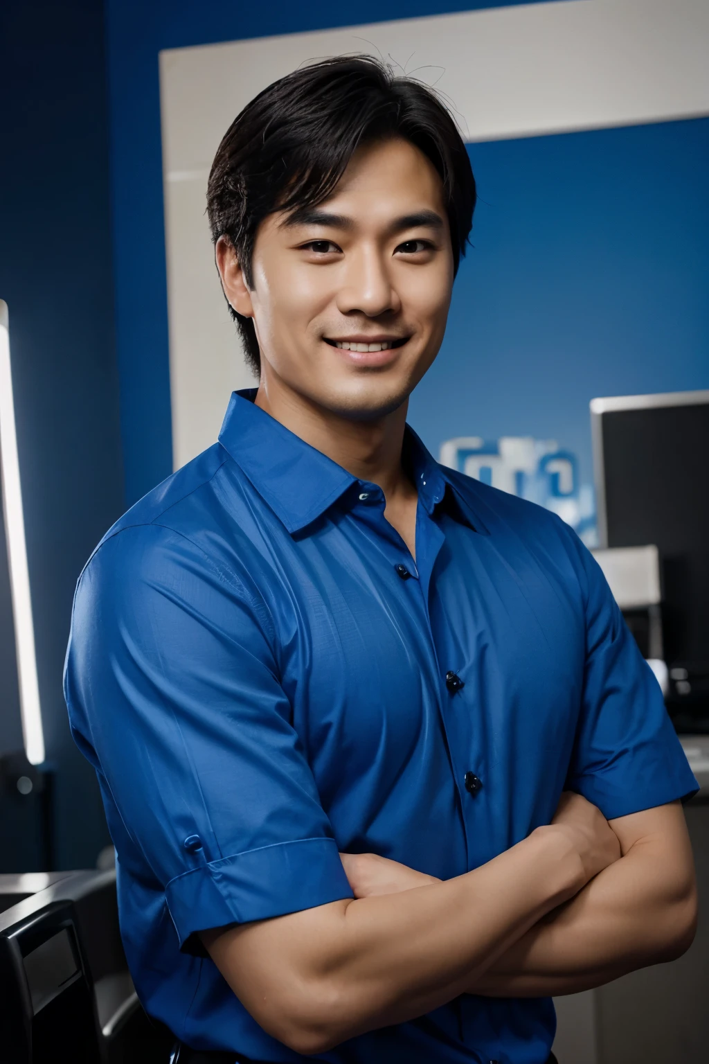 Korean in his 30s, Upper body smiling with arms crossed forward, royal blue shirt, elaborate, bright, high resolution, Hyper-realistic, Advertising Photography
