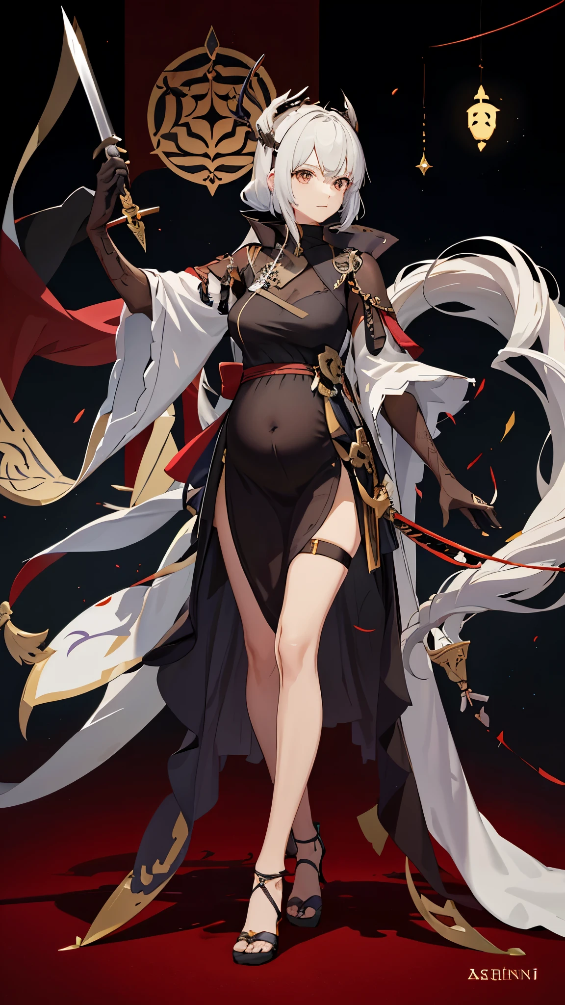 a woman in a dress holding a dagger and a dagger, video game character, from arknights, fox nobushi holding a dagger, hajime yatate, keqing from genshin impact, random haired deity, with small sword, ayaka genshin impact, female action anime girl, official character art, anime character, pregnant anime girl, fetus, random hair color, pregnant belly