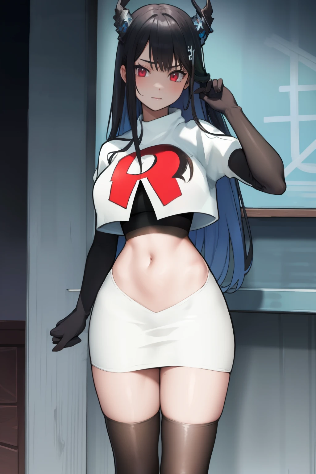 akane, 1girl, solo, long hair, skirt, large breasts, black hair, ribbon, very long hair, purple eyes, hair ribbon, ponytail, hakama skirt, miko, masterpiece, team rocket,team rocket uniform, red letter R, white skirt,white crop top,black thigh-highs,black elbow gloves