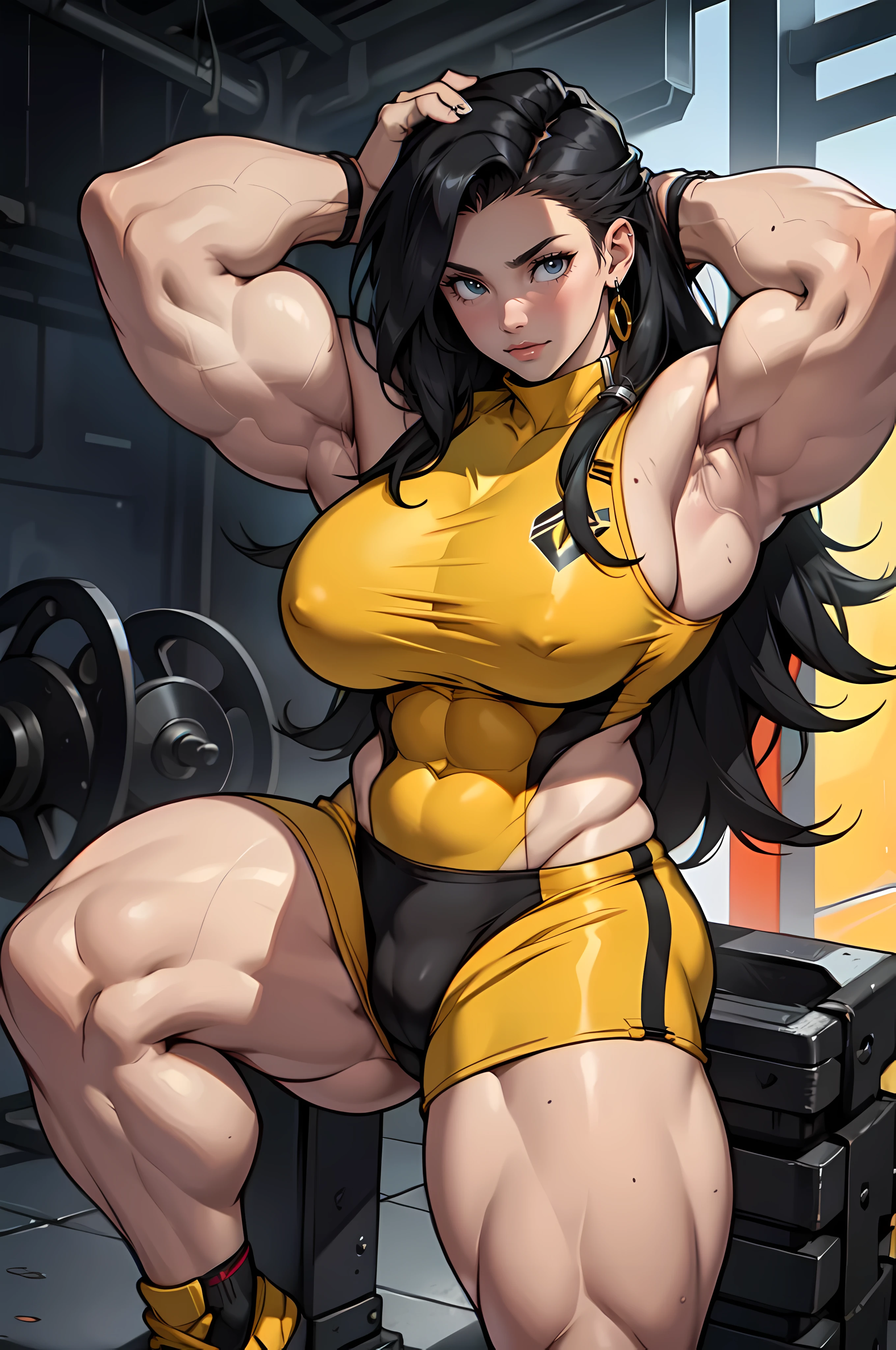 huge breasts pale skin very long hair black hair yellow eyes 1 girl, ((((Muscular Quadriceps)))), (((Massive Female Bodybuilder))), armpits seductive expression