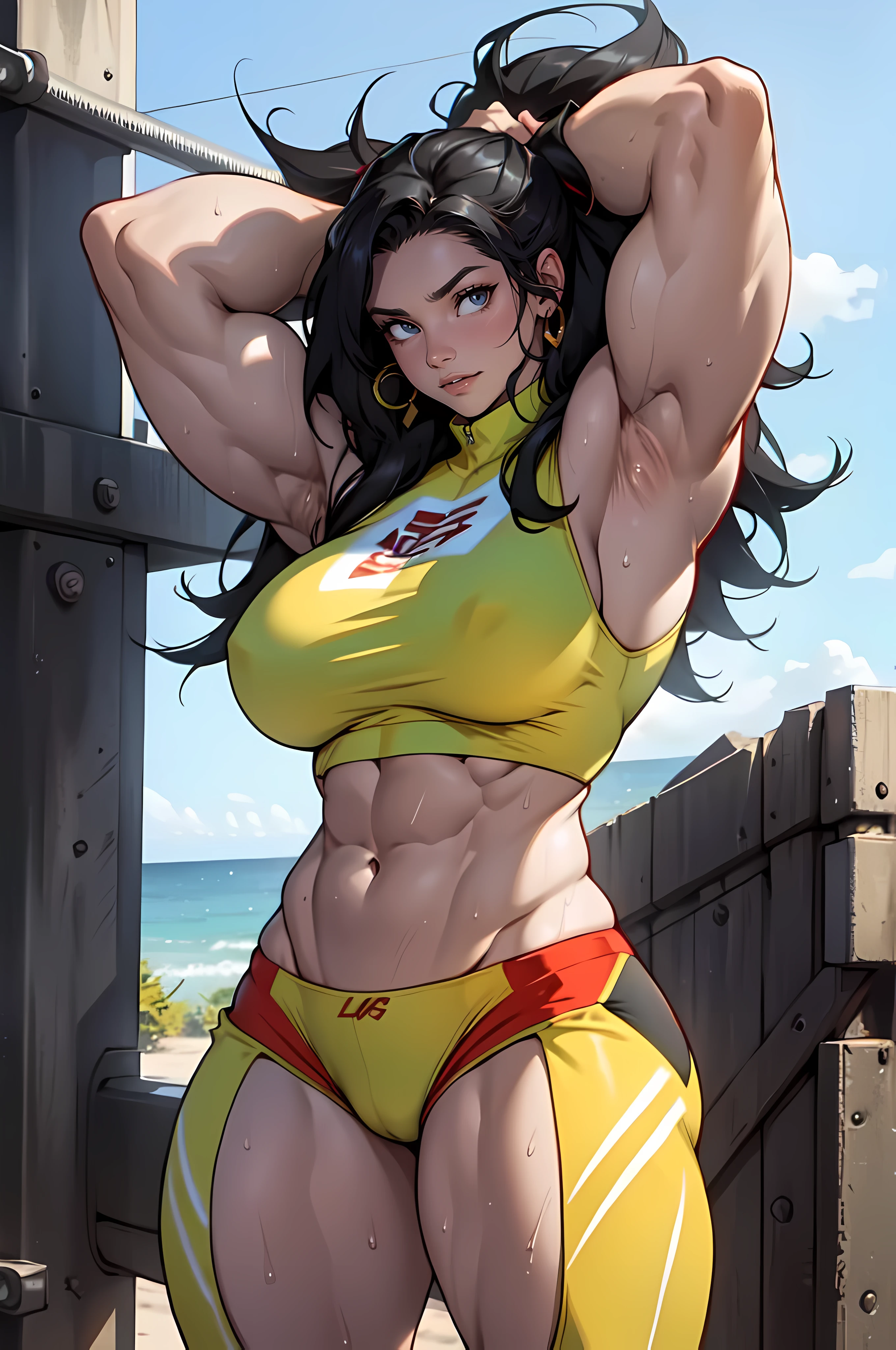 huge breasts pale skin very long hair black hair yellow eyes 1 girl, ((((Muscular Quadriceps)))), (((Massive Female Bodybuilder))), armpits seductive expression sweaty angry