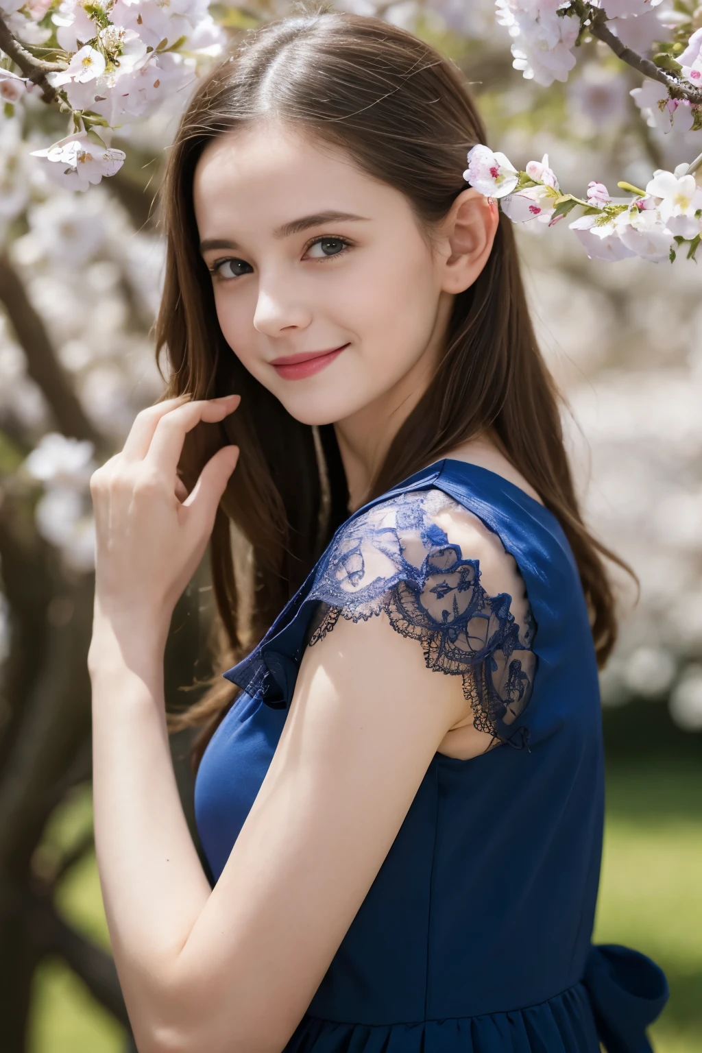 Masterpiece, Best quality, 8k, 18 ans, Photo brute, absurdes, Award-winning portrait, sourire, sourire, pure, french, elegant vibrant blue dress, spring, orchard in bloom, laces, wheel of time