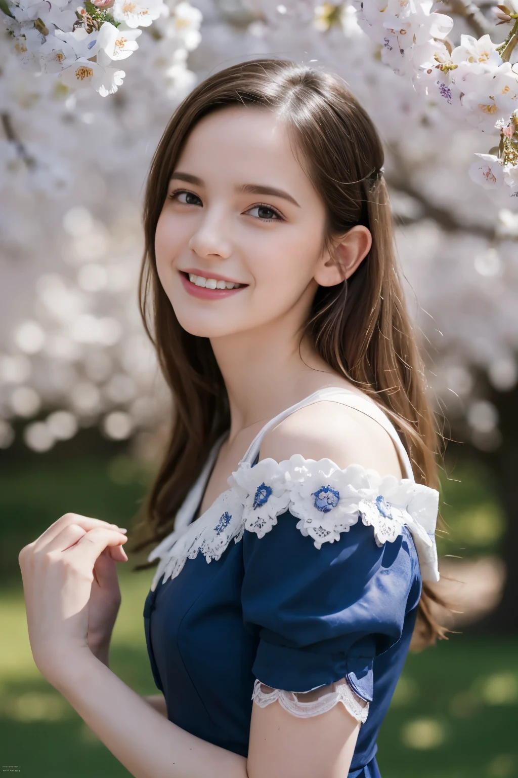 Masterpiece, Best quality, 8k, 18 ans, Photo brute, absurdes, Award-winning portrait, sourire, sourire, pure, french, elegant vibrant blue dress, spring, orchard in bloom, laces, wheel of time