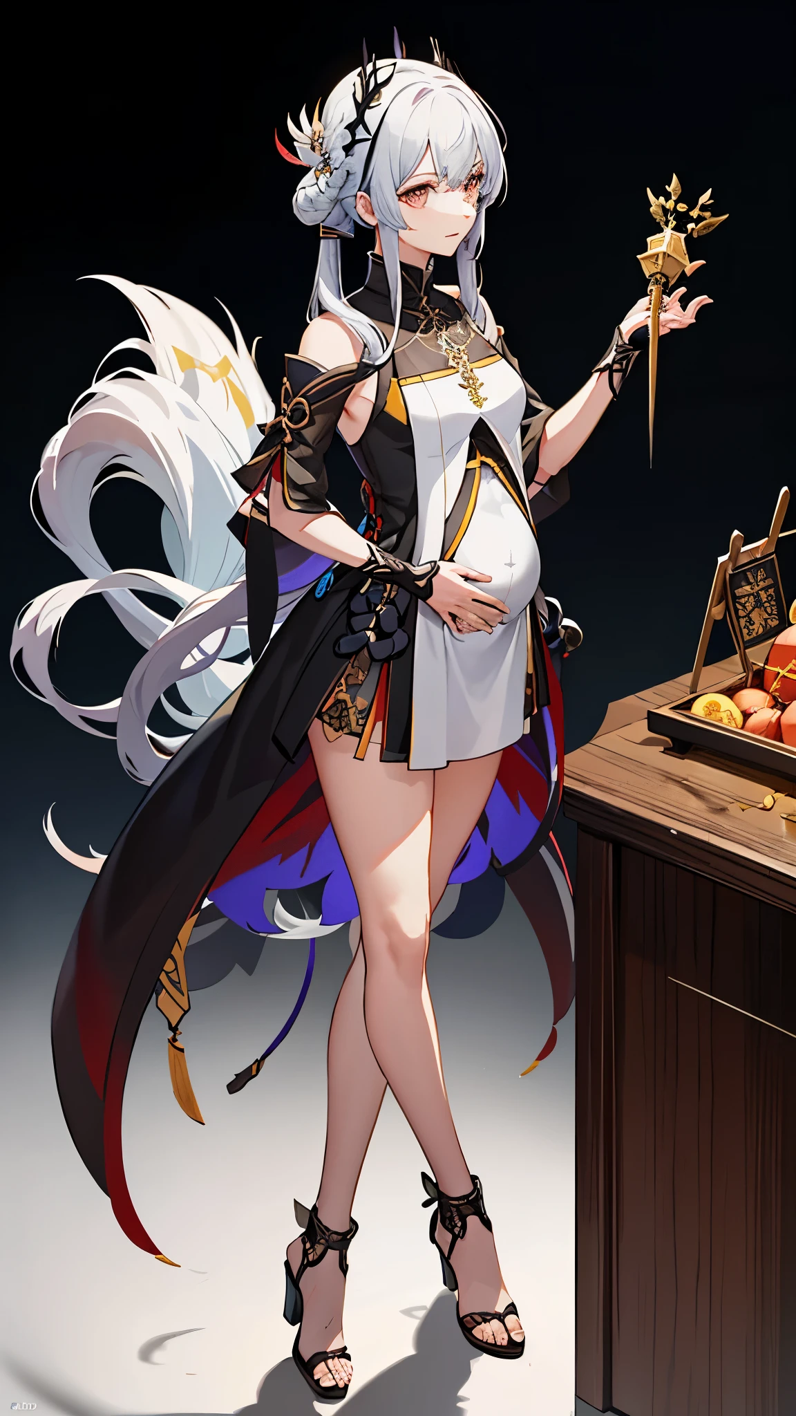 a woman in a dress holding a dagger and a dagger, video game character, from arknights, fox nobushi holding a dagger, hajime yatate, keqing from genshin impact, random haired deity, with small sword, ayaka genshin impact, female action anime girl, official character art, anime character, pregnant anime girl, fetus, random hair color, pregnant belly