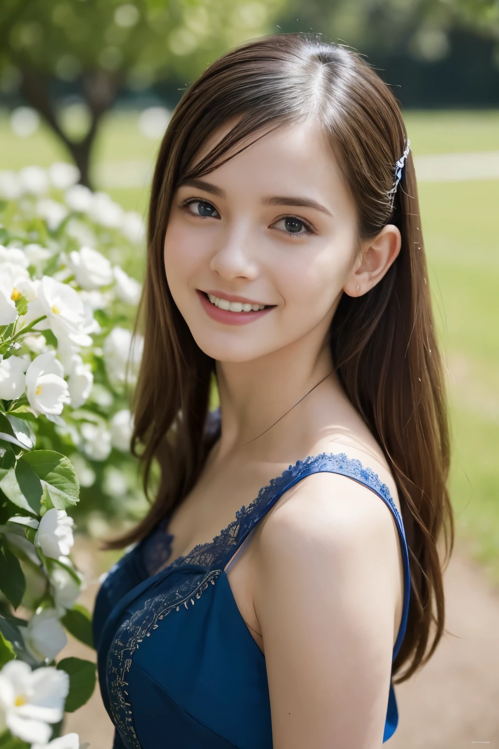 Masterpiece, Best quality, 8k, 18 ans, Photo brute, absurdes, Award-winning portrait, sourire, sourire, pure, french, elegant vibrant blue dress, spring, orchard in bloom, laces, babe, woman much missed how you call to me