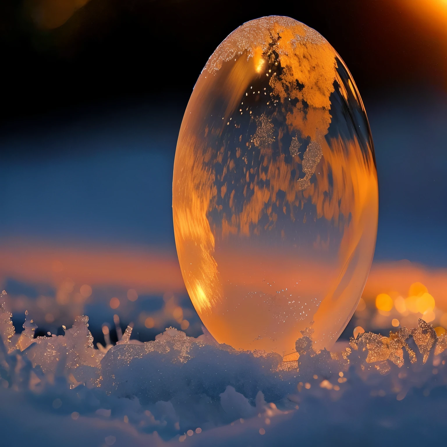 arafed bola de vidro sitting on top of a snow covered ground, bolha, soap bolha, bola de vidro, soap bolha mind, translucent sphere, water bolha, globo de neve, Globo de neve, sol de inverno, esfera de vidro, Shimmering ice particles, ethereal bolhas, brilho quente, luz do nascer do sol, neve brilhante, inside a Globo de neve, por Jan Rustem